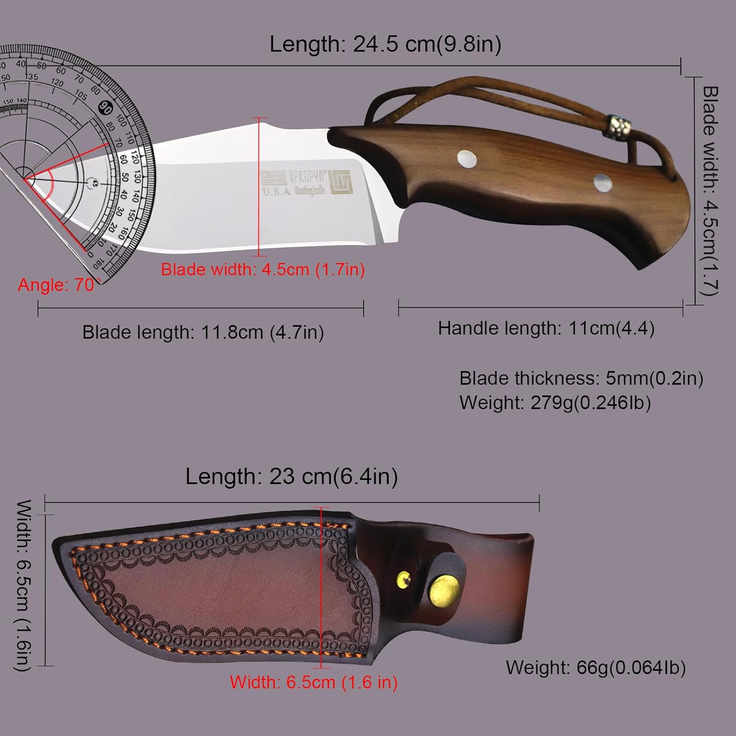 WPKOPYA U.S.A 9.8-inch 440c Mirror Light Full Tang Sandalwood Handle Outdoor Hunting Knife+Leather Sheath, Camping Survival, Fishing, Hiking, EDC Tool