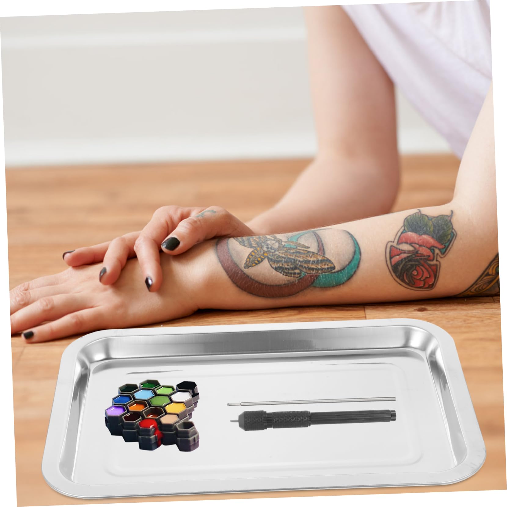Plateau de Tatouage Plat en Acier Inoxydable 2 Pièces Argenté | Plaque Tatoueur pour Station de Tatouage, Facile à Nettoyer, Ne Se Déforme Pas