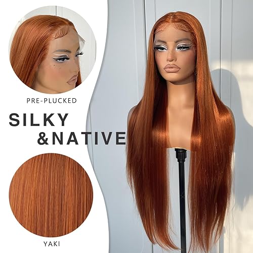 Miniatura 3 de Peluca de encaje frontal de color naranja jengibre, peluca sintética larga y recta con encaje frontal, densidad 180, sin pegamento, peluca frontal