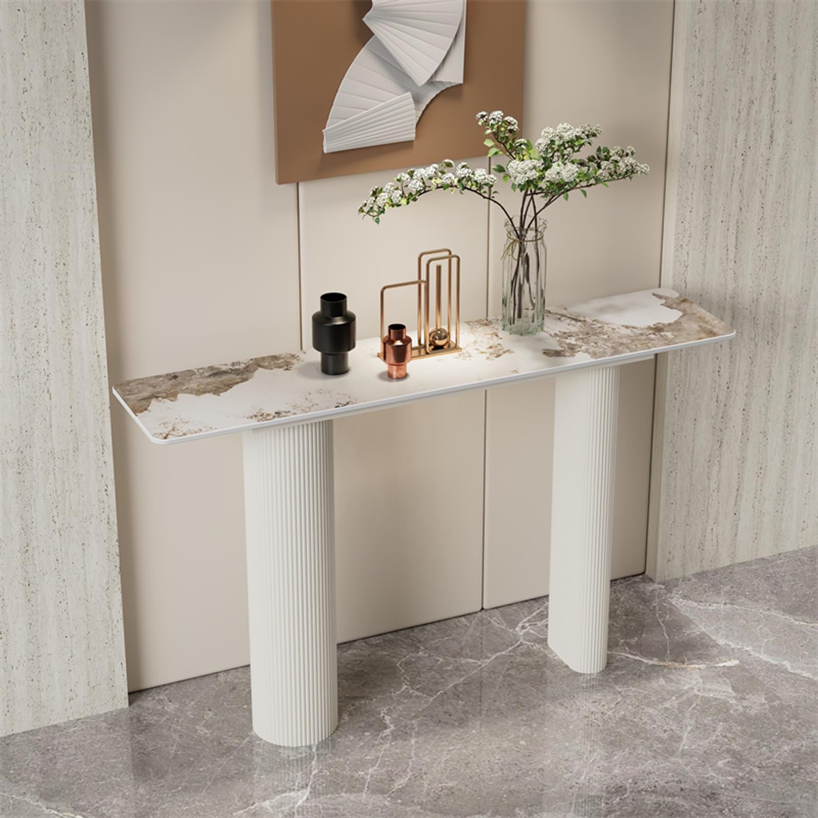Tavolo Consolle Ingresso con Piano in Finto Marmo Bianco E Struttura in Metallo Dorato, Stile Moderno, Adatta A Ingressi, Soggiorni E Corridoi(White2,150cm/59in)