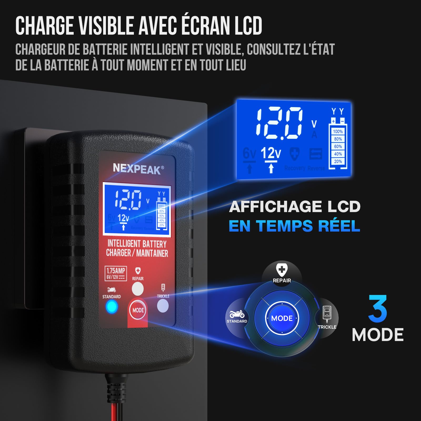 Chargeur de Batterie de Voiture 1,75 A, 6 V et 12 V, Chargeur de Batterie Intelligent entièrement Automatique, Chargeur d'entretien, désulfateur de Batterie pour Voiture, Tondeuse à Gazon, Moto