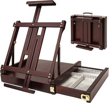 MEEDEN Studio Sketchbox Table Easel with Metal Lined Drawer - Adjustable Solid Beech Wood Tabletop Easel & Sketchbox Artist Easel with Storage, for Studio or Plein Air - Holds Max 34", Deep Walnut