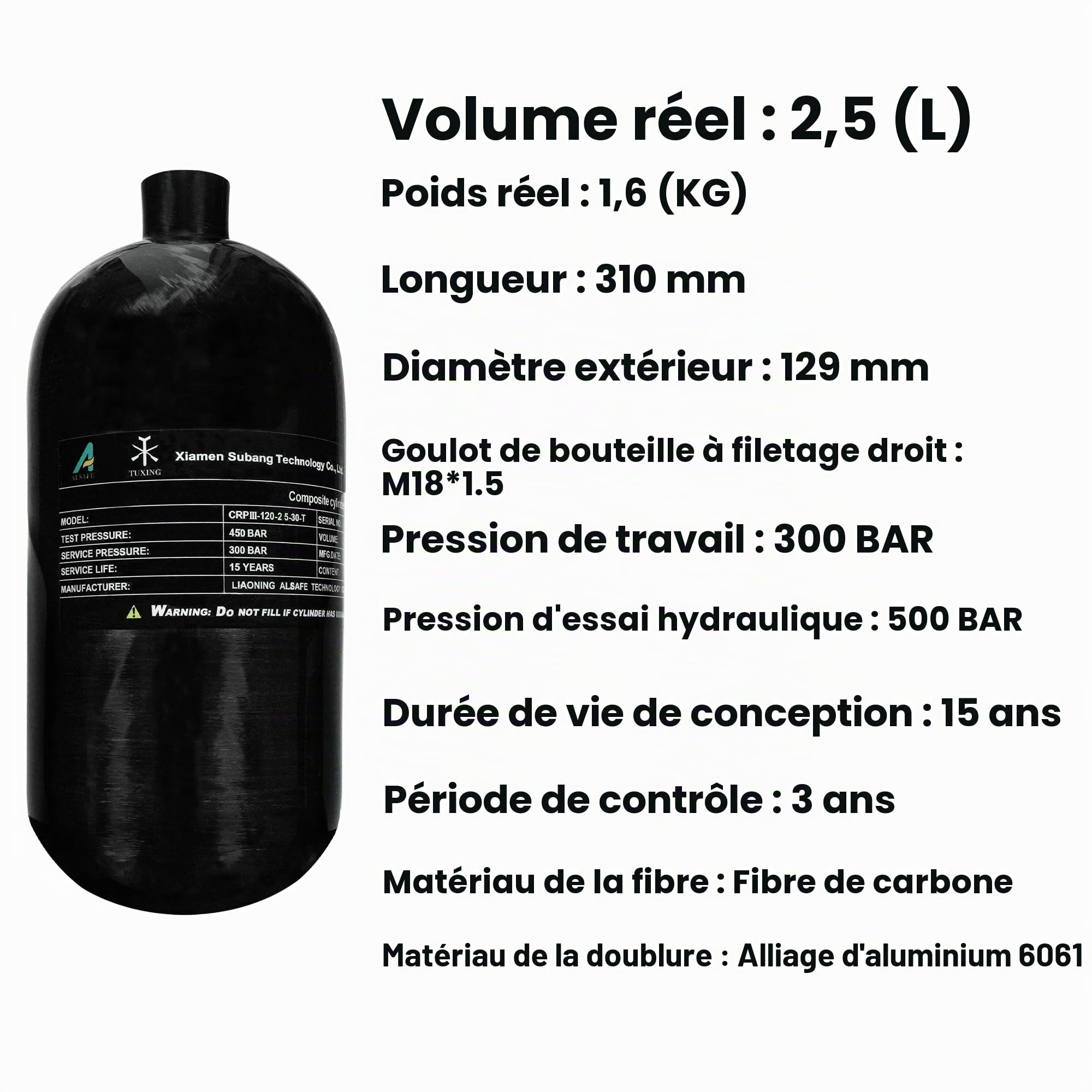 TUXING 4500Psi Réservoir d'air HPA Paintball en fibre de carbone, 2,5 L en fibre de carbone avec régulateur de valve pour réservoir de plongée de fusil à air comprimé PCP (bouteille vide) M18 x 1,5
