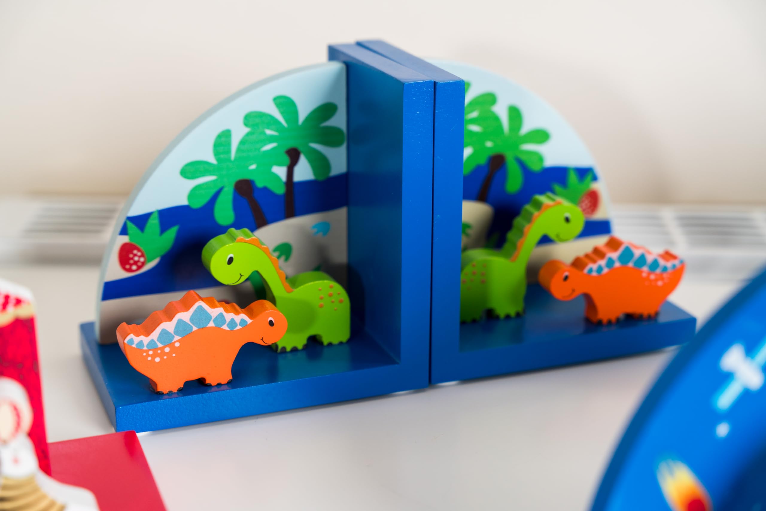 Mousehouse Gifts - Fermalibri di legno colorato a tema dinosauri per la stanza dei bambini o la camera da letto
