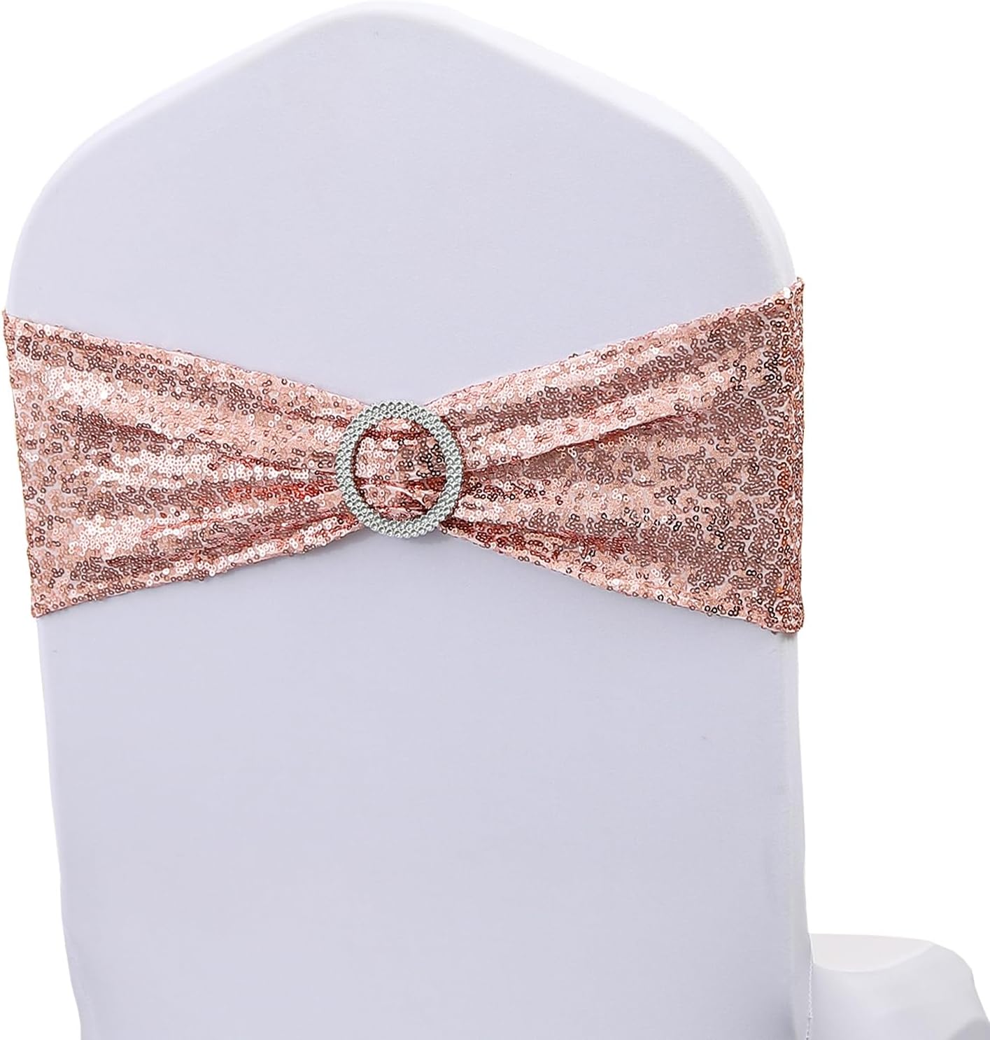 100 Pack All Around Sequin Rose Gold Chair Sashes Bows for Wedding Decor, Sequins Chair Bands with Buckles for Party Baby Shower Chair Decorations, Rose Gold Sequin Spandex Chair Sashes