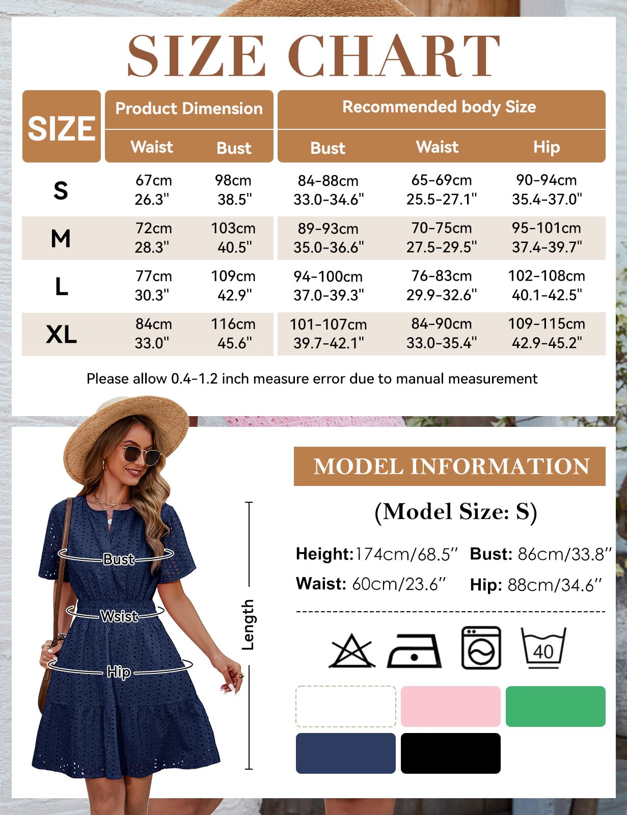 Svanco Vestito Donna in Cotone, Abito Estivo Donna Elegante con Scollo a V e Motivo Traforato, Abito Cerimonia Donna per Matrimonio in Spiaggia, Casual, Feste e Vita Quotidiana