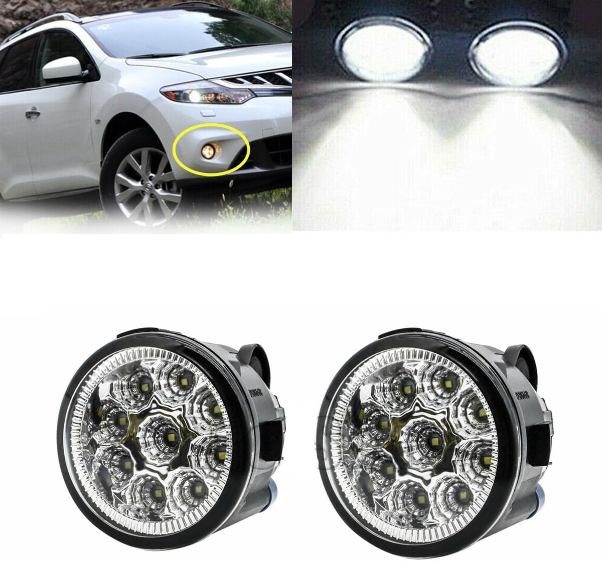 6000K LED Bumper Fog Lamps for QX50 M37 Pair PC Lens | Driving lamps with PC lens. Waterproof, plug-play. Replaces 261508993B, NI2590104, 475700010.