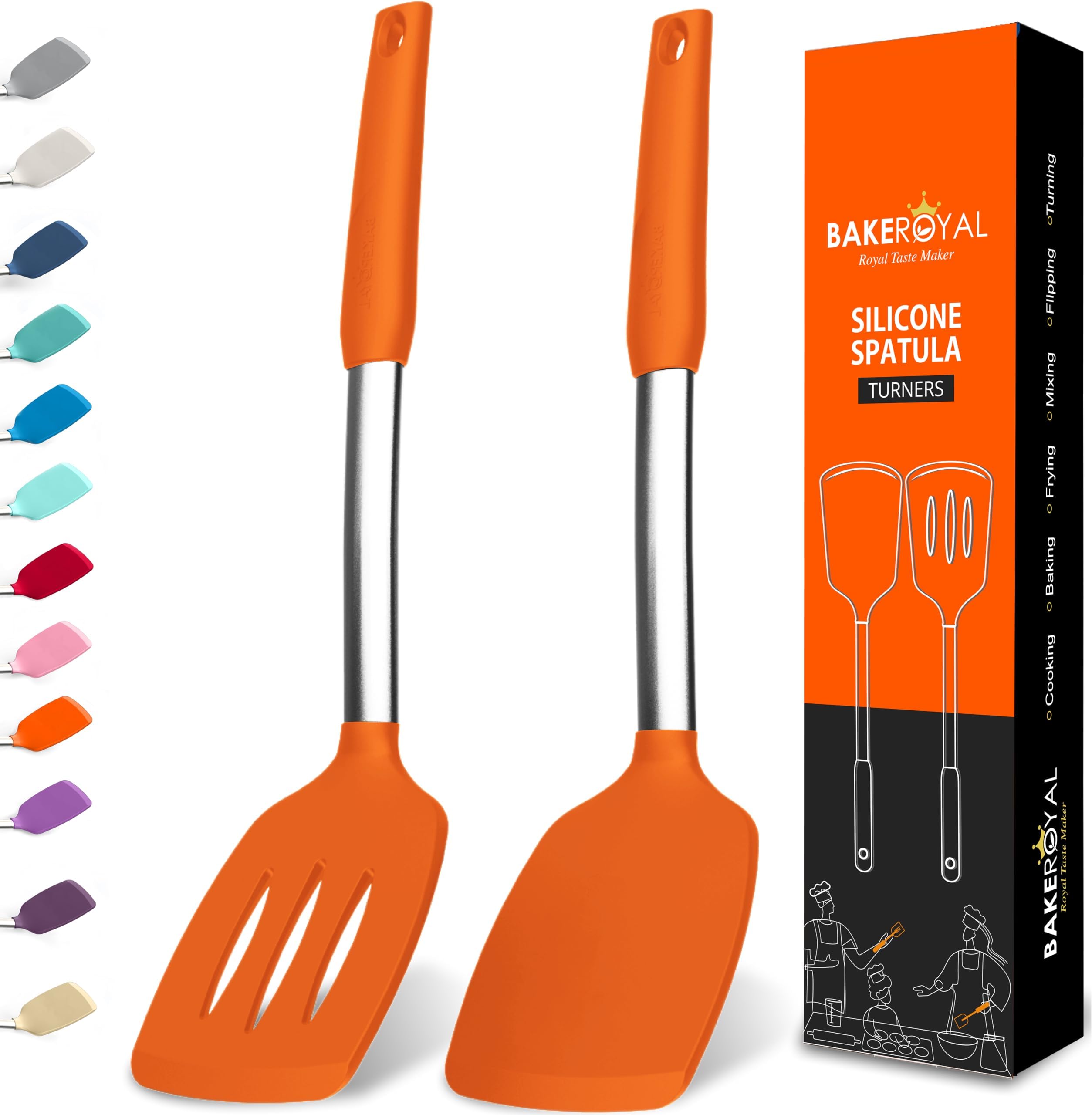 Silicone Spatula Set - Turner Spatulas Silicone Heat Resistant 600°F - Slotted & Solid Silicone Spatulas for Cooking Fish, Eggs, Pancakes Flipper – Silicone Cooking Utensils Set – Orange