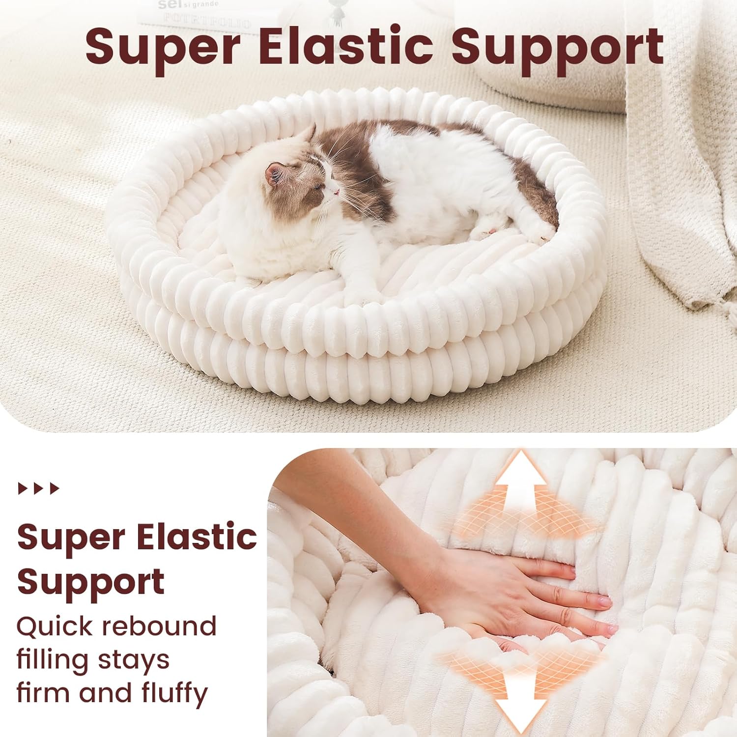 Small Dog Beds, Machine Washable Donut Large Cat Beds for Indoor Cats, Fluffy Round Pet Bed with Anti-Slip Bottom for Puppy and Kitten, White, 28"x28"x5"