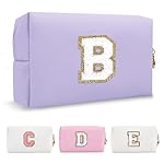 Personalized Makeup Bag Initial A-Z Preppy Patch Bag,Small PU Leather Travel Cosmetic Bag Pouch with Zipper,Purple Cute Toiletry Bag,Gift Ideal for Teen Girls Women Birthday Friend Mom,Latter B