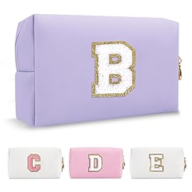 Personalized Makeup Bag Initial A-Z Preppy Patch Bag,Small PU Leather Travel Cosmetic Bag Pouch with Zipper,Purple Cute Toiletry Bag,Gift Ideal for Teen Girls Women Birthday Friend Mom,Latter B