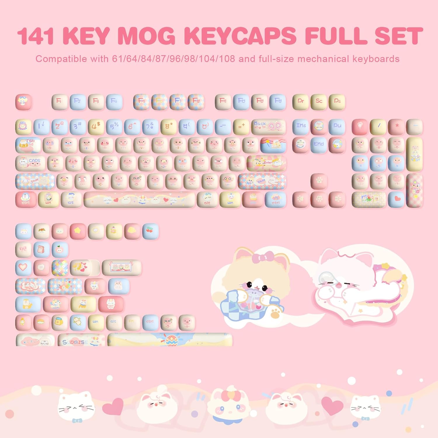 YUNZII Cute Pink Kitten Custom Keycaps, 141 Keys Dye Sub PBT MOG Profile Keycap Set for Mechanical Gaming Keyboards (Pink Kitten)