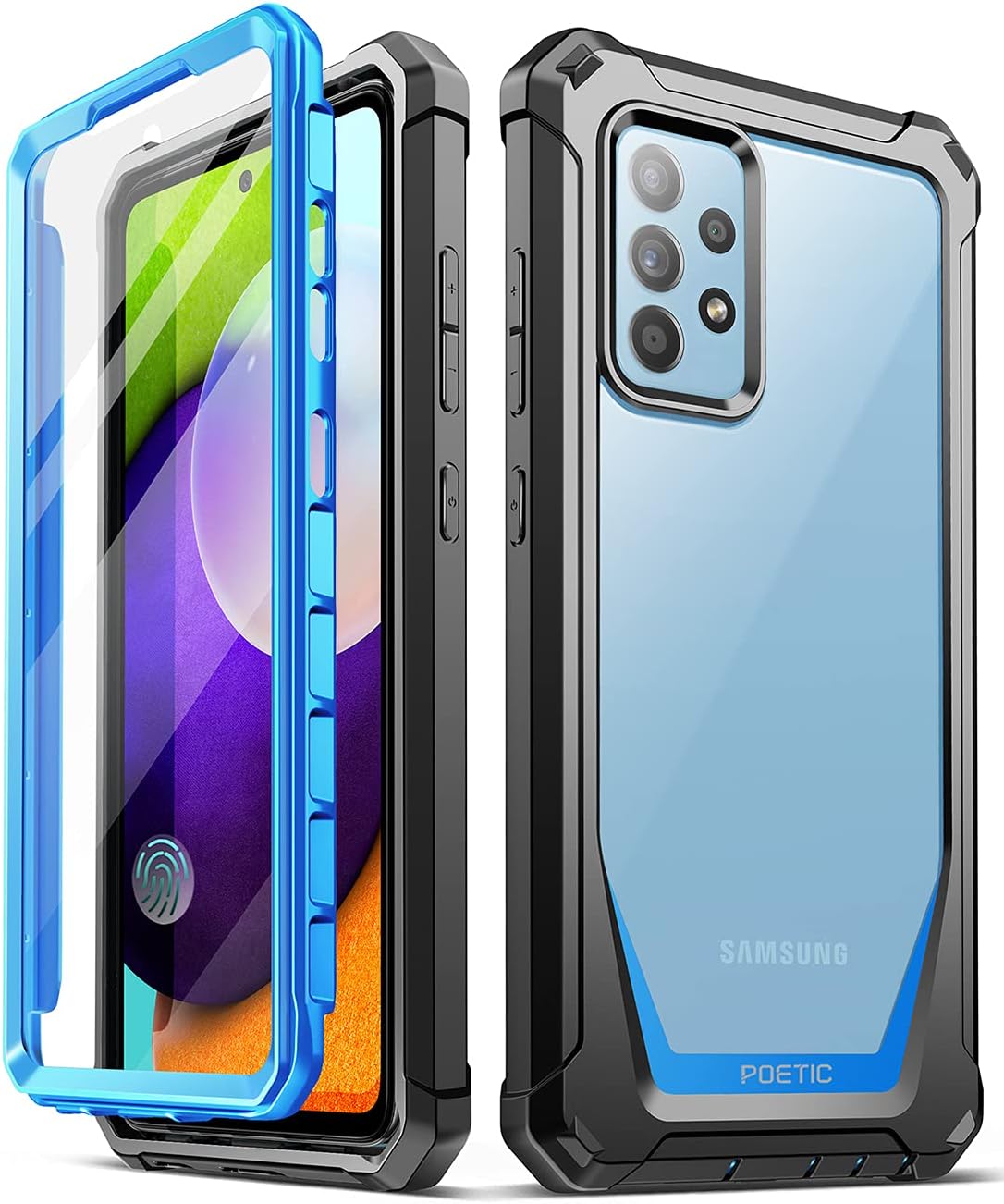 Poetic Guardian Case Designed for Samsung Galaxy A52 4G & 5G, Built-in Screen Protector Work with Fingerprint ID, Full Body Hybrid Shockproof Bumper Cover Case, Blue/Clear