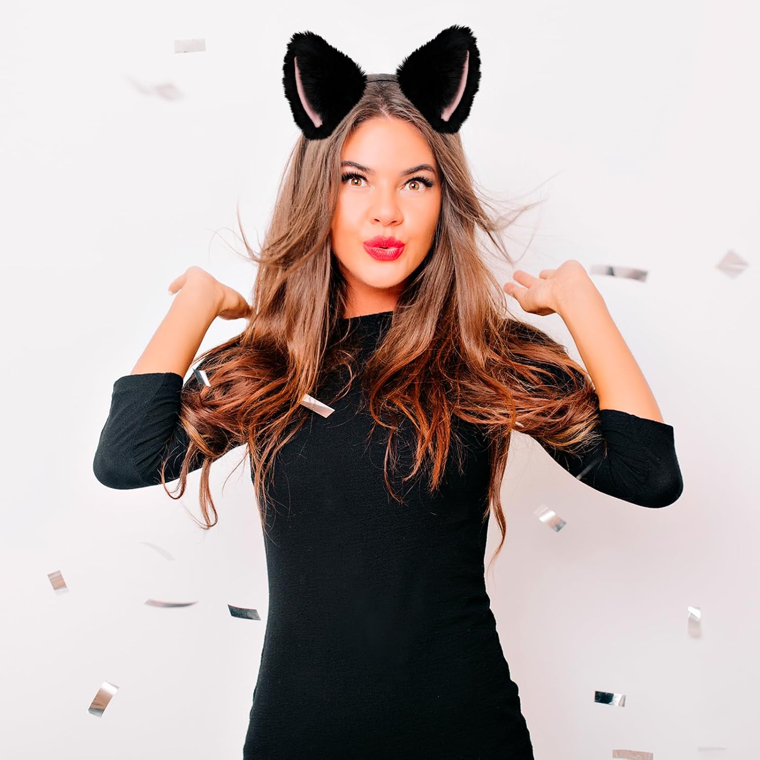 Pedenty Cat Fox Ears Headband for Women Girls, Halloween Cosplay Cat Costume Faux Fur Ears Headbands Hair Accessories for Adult Kids (Black & Pink)
