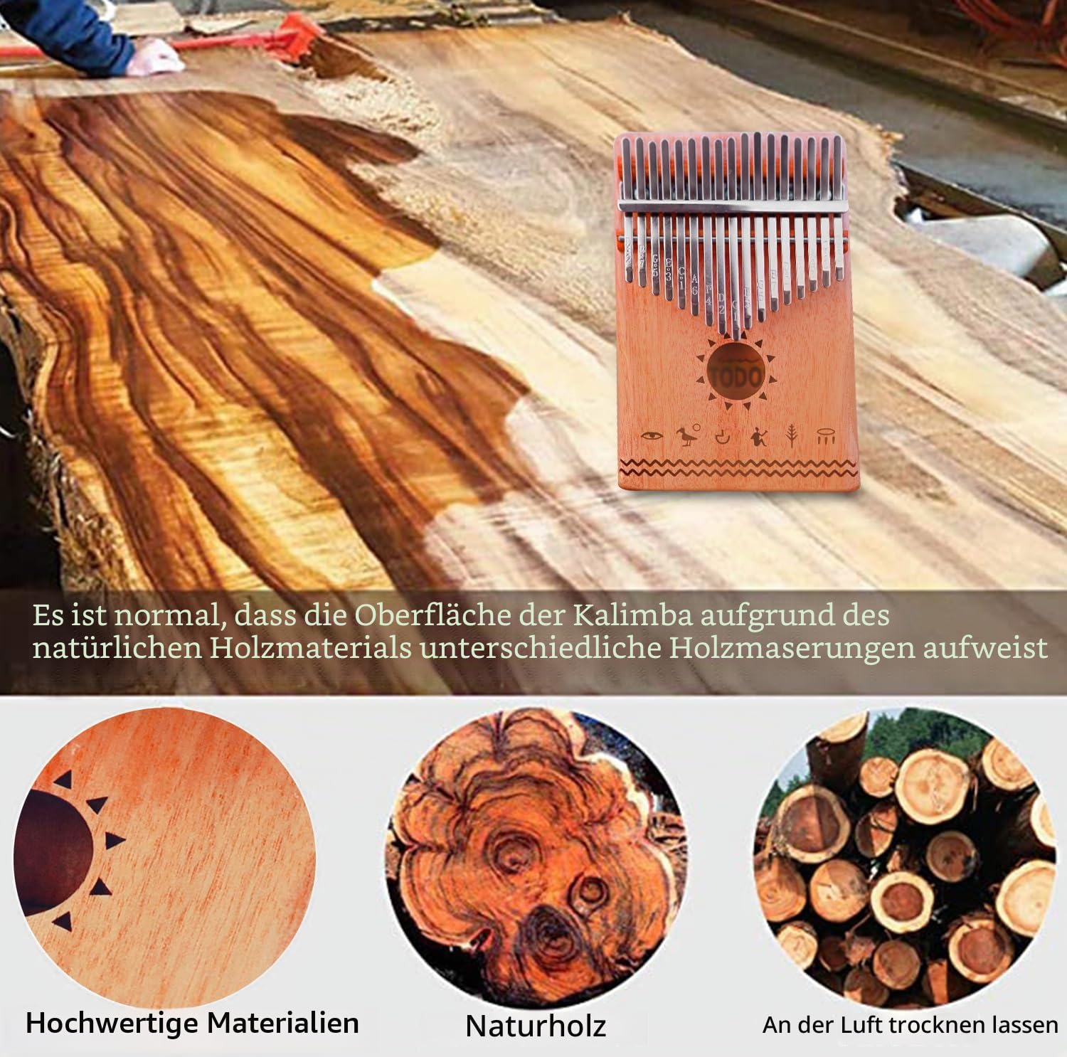 TODO Kalimba Daumenklavier mit Mahagoni-Holz mit Stimmhammer und Fingerabdeckungen & mehr Lernanleitung