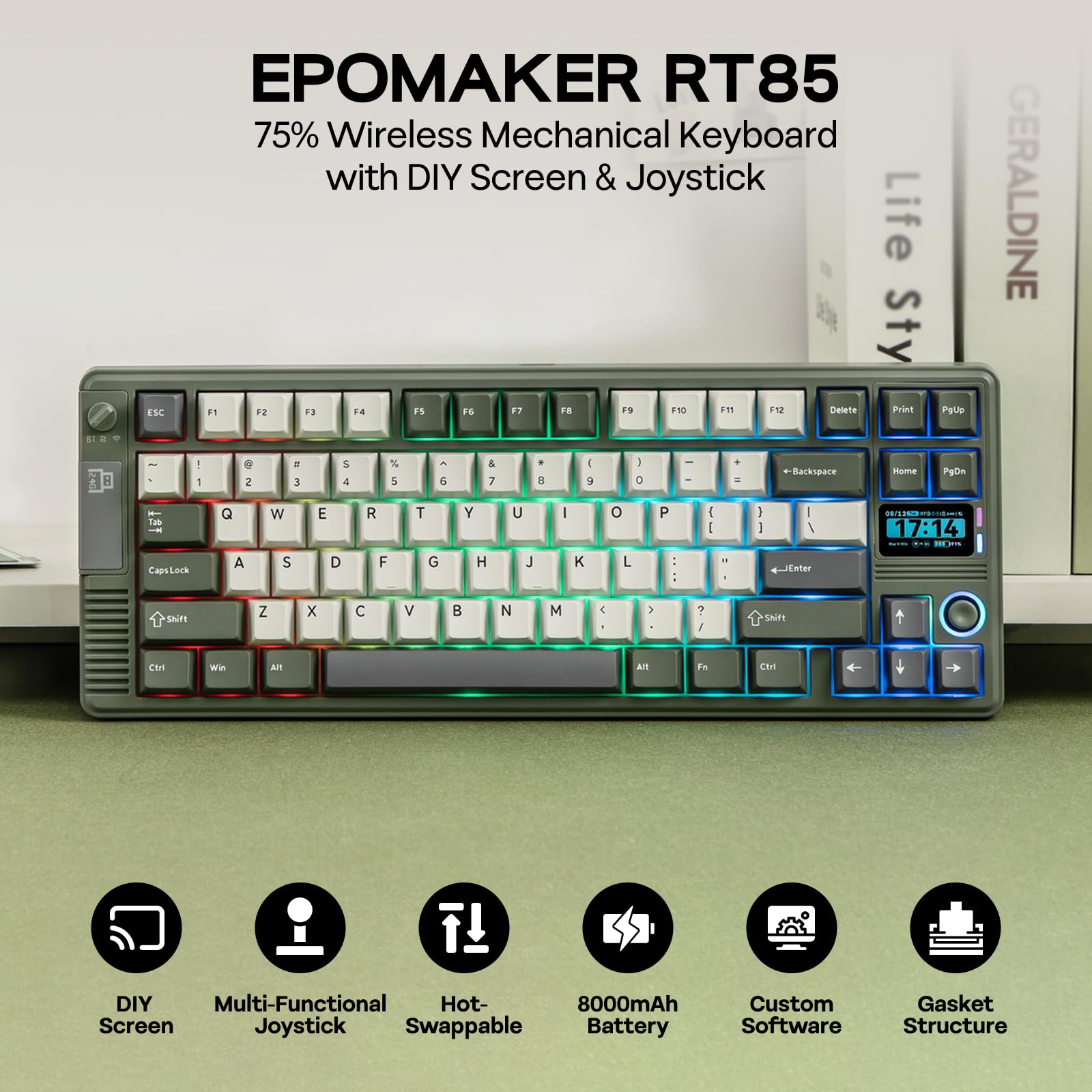 EPOMAKER RT85 Wireless Mechanical Keyboard with Joystick & DIY Screen, 8000mAh, BT/USB/2.4Ghz, Gasket, 5-Layer Paddings, Hot-Swap, PBT Keycap, 75% Gaming Keyboard (Retro White, Creamy Jade): Army Green Creamy Jade