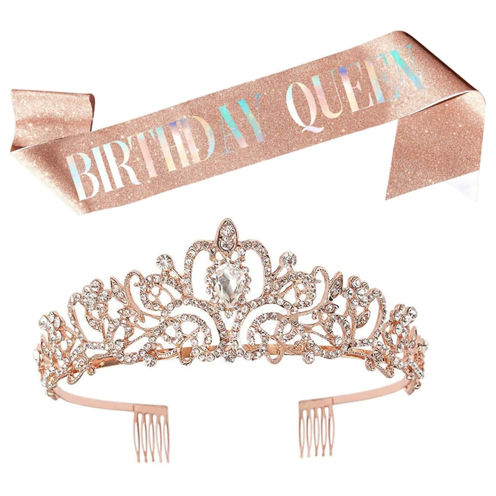 GYTFOG Women Birthday Crown & Tiara Set, Birthday Tiaras and Sashes, Girl Glitter Crystal Hair Accessories, Elegant Birthday Tiara with Sash, Birthday Sash and Tiara for Women Party Supplies