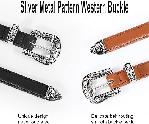 Miniatura 6 de LEACOOLKEY Cinturón de cuero delgado para mujer, cinturón de cintura delgada ajustable con hebilla occidental para jeans