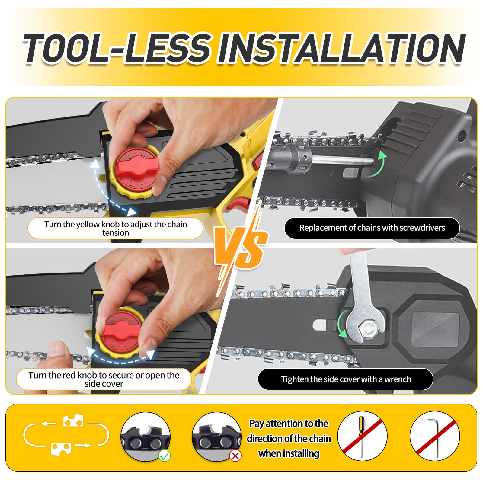 Motosega a Batteria per Potatura, 8 Pollici Mini Motosega a Batteria con 2 Batteria e Caricatore, con Pompetta Olio e Chiusure di Sicurezza A Destra e A Sinistra per il Taglio del Legno e Giardini