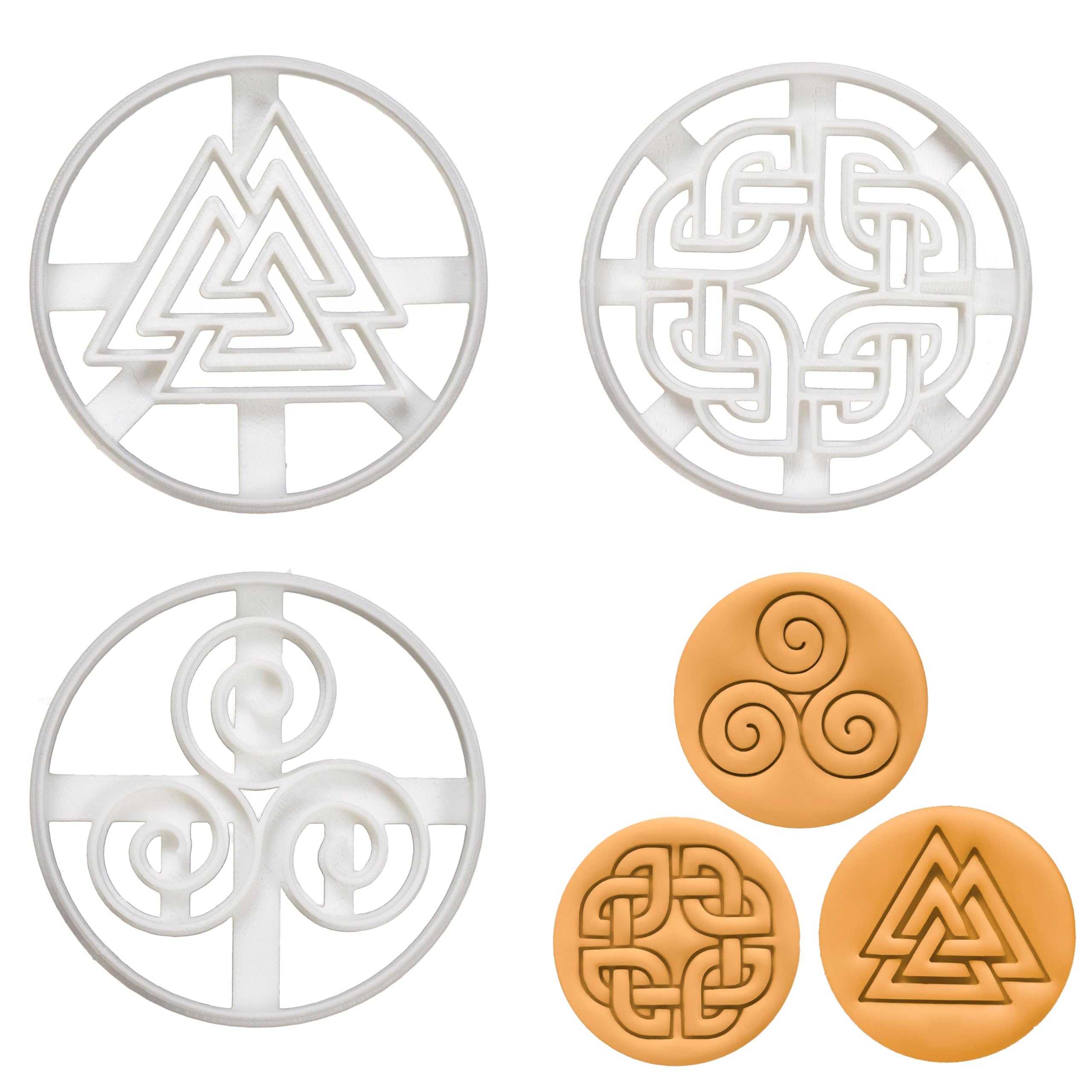 3er Set Nordische Runen Ausstechformen (Formen: keltischer Schildknoten, Triskelion, & Valknut), 3 Teile, Bakerlogy