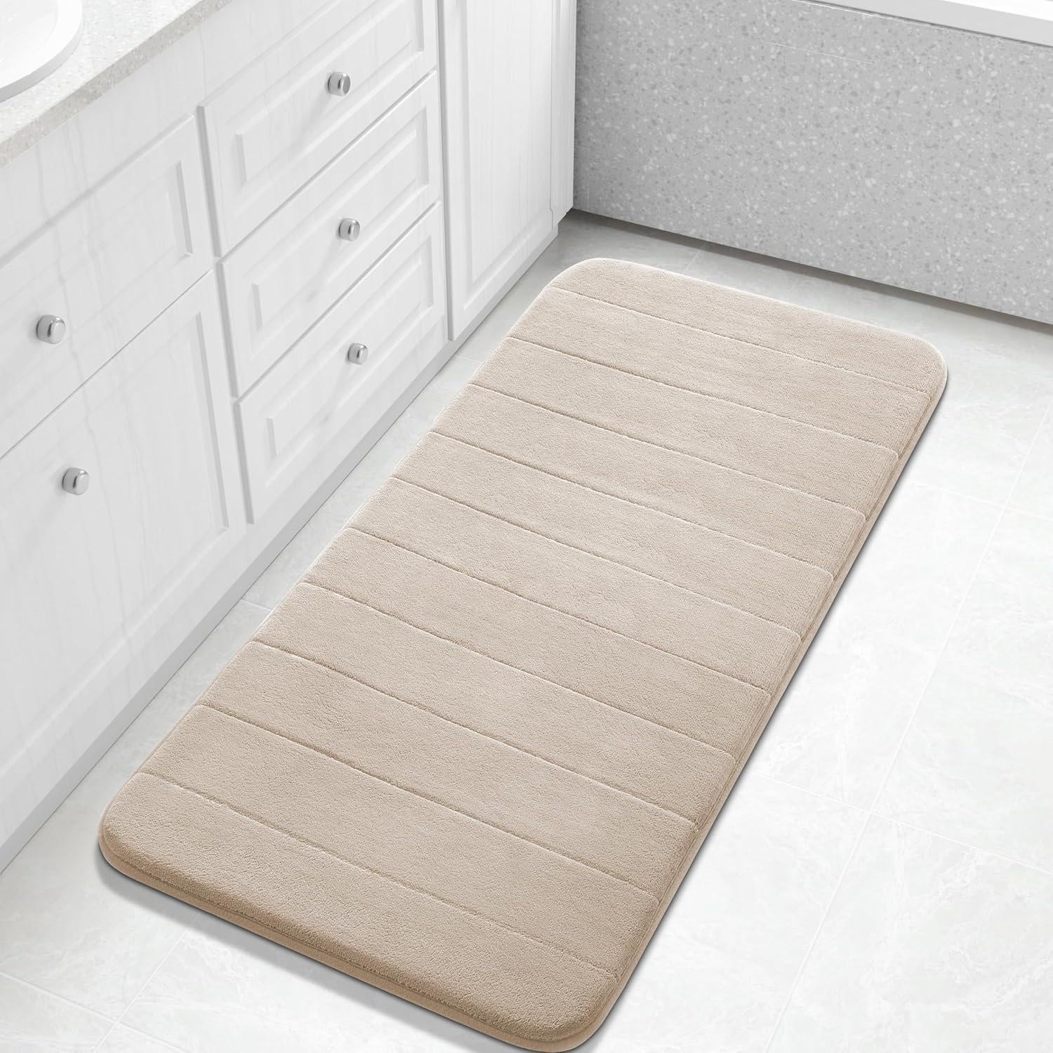 Yimobra Memory Foam Bath Mat 112 x 61 cm, Non Slip Bathroom Mat, Soft Absorbent Quick Dry Bath Rug, Machine Washable for Shower, Sink and Bathroom, Beige