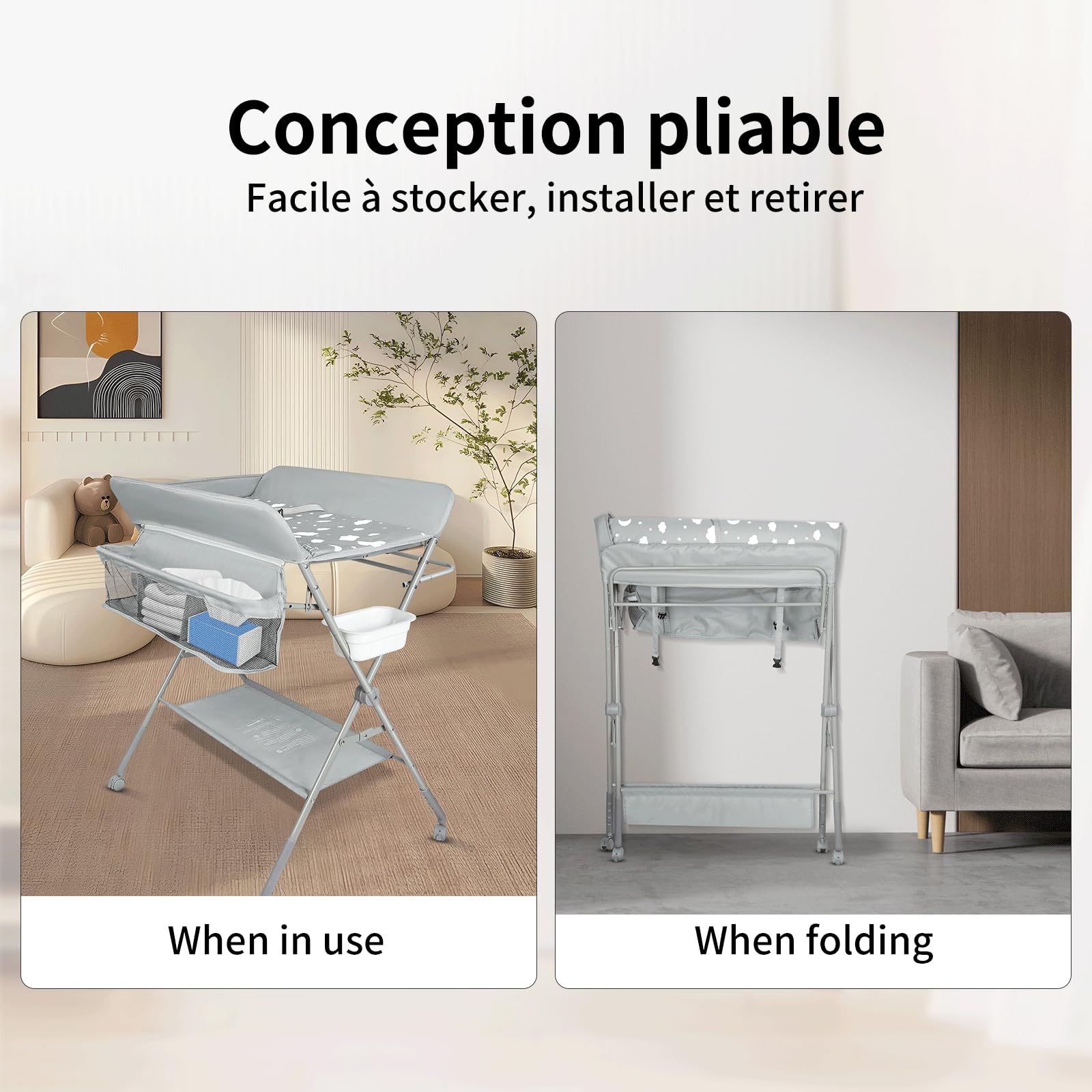 Table à langer pour bébé avec roues, station à langer pliante portable à hauteur réglable avec organiseur de pépinière et support de rangement pour nouveau-né et nourrisson-80 * 58 * 90 cm-gris clair