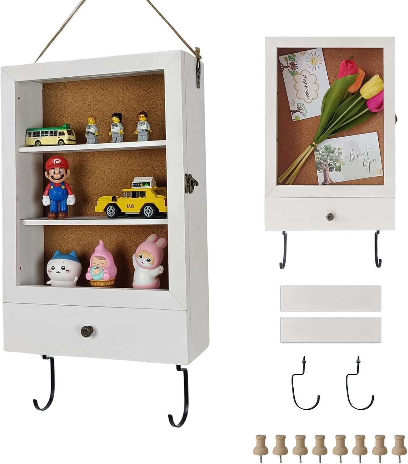 Shadow Box with Drawer & Hanging Hook – 3D Display Case for Photos, Awards, Medals & Keepsakes | Hidden Storage Organizer | Glass Front Frame (White)