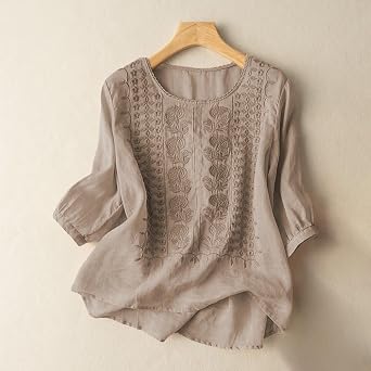 Embroidered Boho Tops for Women Trendy 3/4 Length Sleeve Cotton Linen Shirts Plus Size Fall Fashion Dressy Casual Blouses