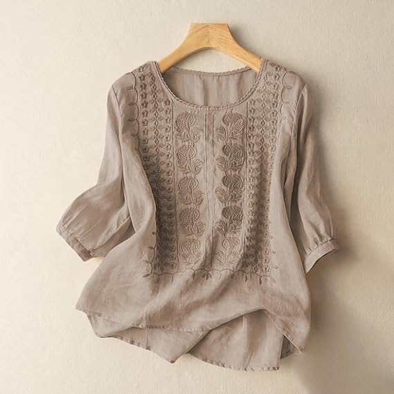 Embroidered Boho Tops for Women Trendy 3/4 Length Sleeve Cotton Linen Shirts Plus Size Fall Fashion Dressy Casual Blouses