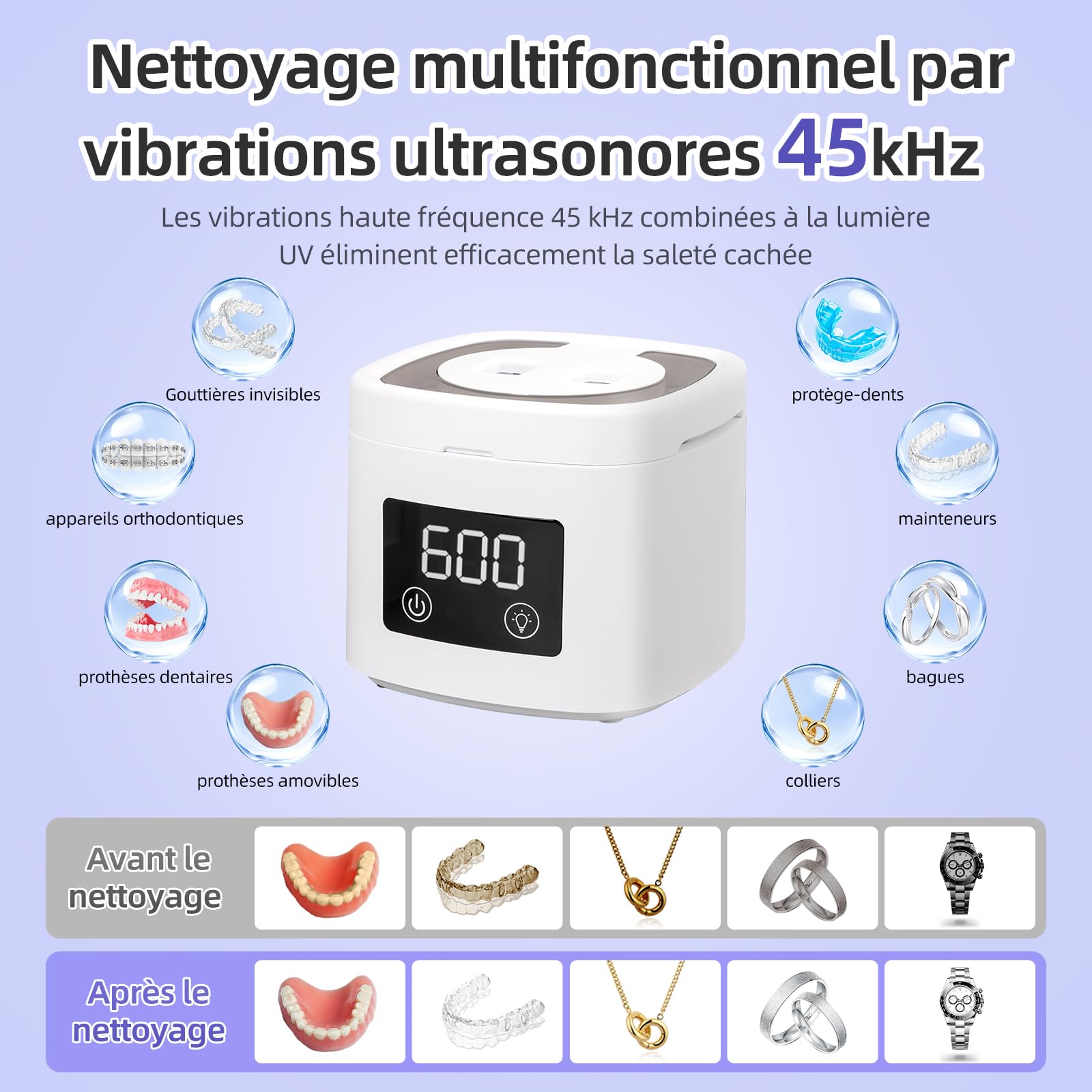 Nettoyeur à Ultrasons 45kHz 200ml avec 4 Lampes UV Pod Dentaire