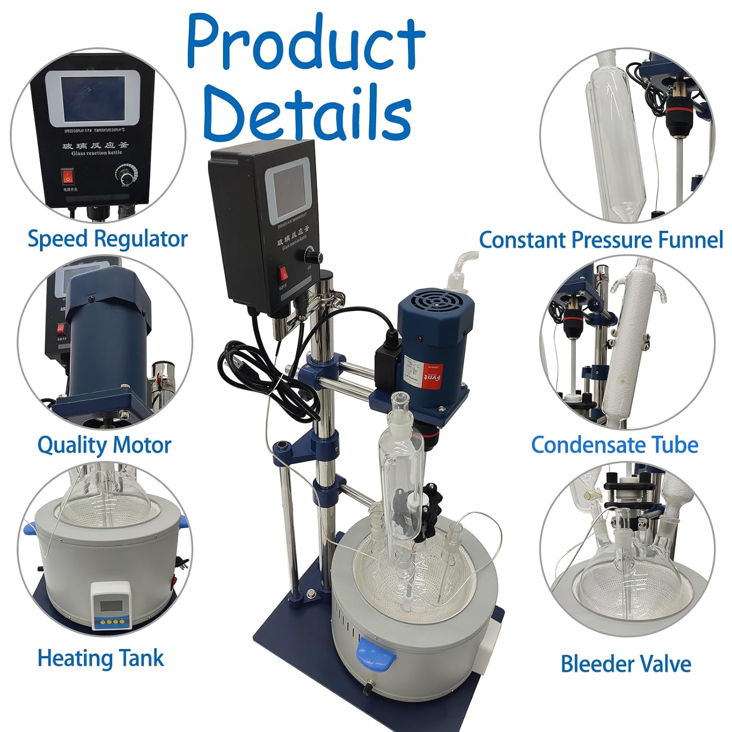 5L Single Layer Lab Reactor with High Borosilicate Glass & PTFE Valves 110V Constant Temperature Control Lab Glass Reactor Chemical Jacketed Reactor Vessel for Lab Reaction Distillation