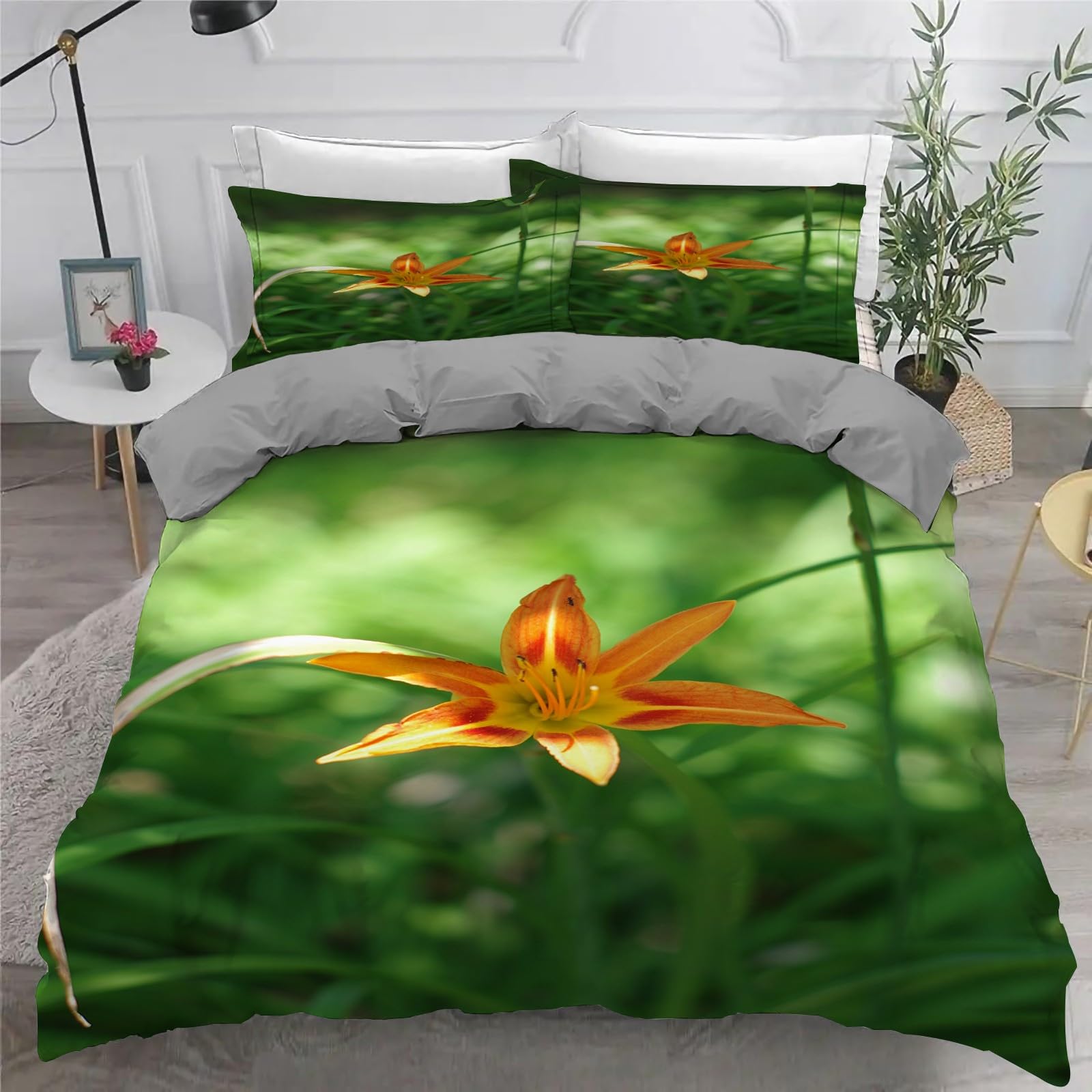 Poszwa na kołdrę 240x260 Liliowiec Zestaw pościeli z mikrofibry, 2 osoby i 2 x poszewki na poduszki 65x65 cm Komplet pościeli z zamknięciem bujnej zielonej trawy