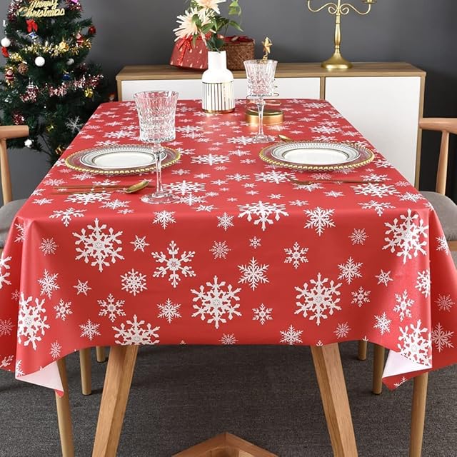 nsu Christmas Table Cloth Wipeable Christmas Tablecloth Xmas Red PVC Plastic Wipe Clean Waterproof Rectangular Table Cover Decoration for Festive New Year Kitchen Picnic (130 x 145 cm)