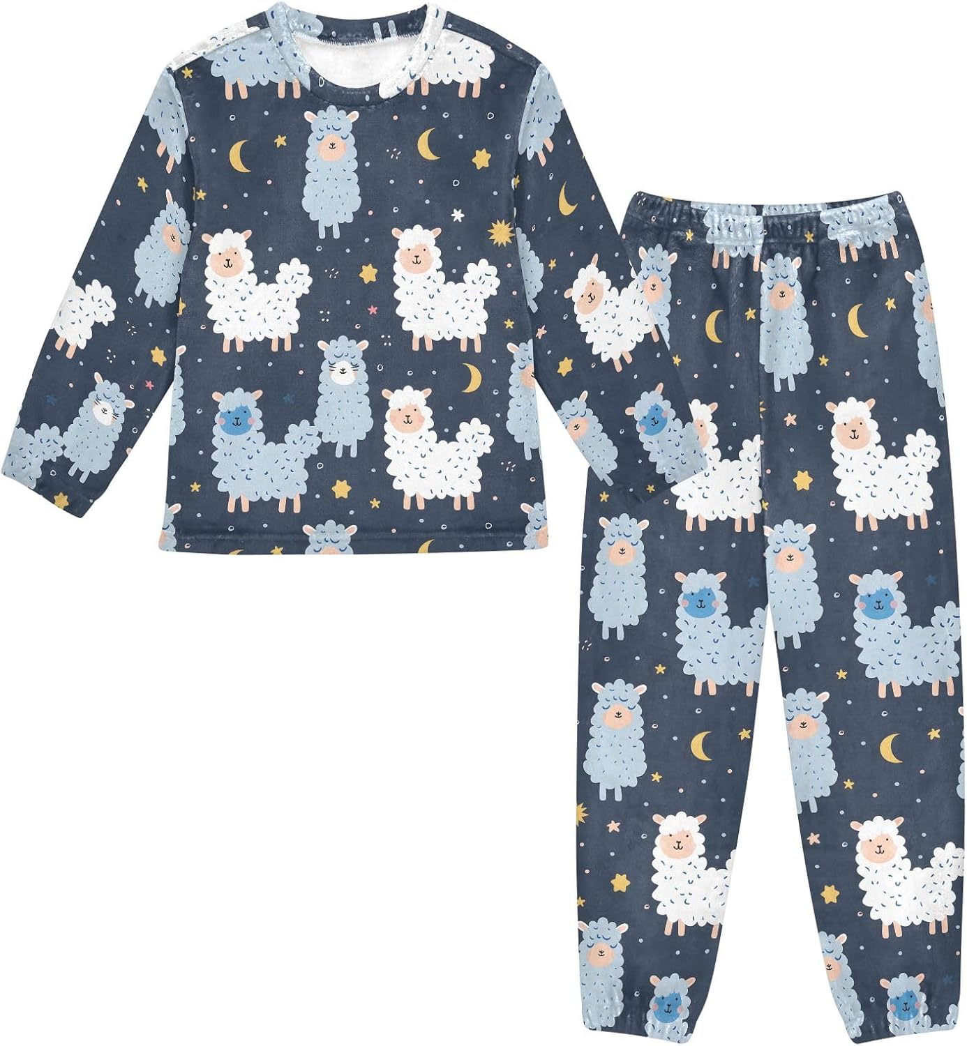 Kids Flannel Sets Cute Moon Stars Alpaca Warm Plush Relaxed Clothing for Boys and Girls