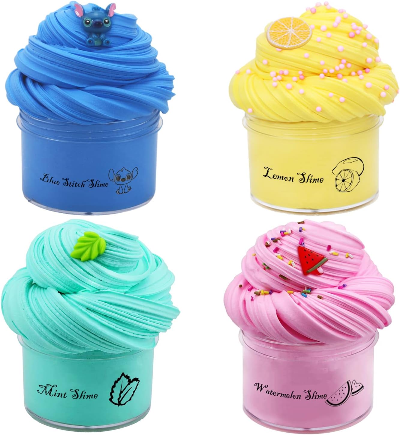 Magictoy 4 Pack Butter Slime,Yellow Lemon,Blue Stitch,Pink Watermelon and Mint Green Slime,Super Soft and Non-Sticky, Party Favors for Boys and Girls