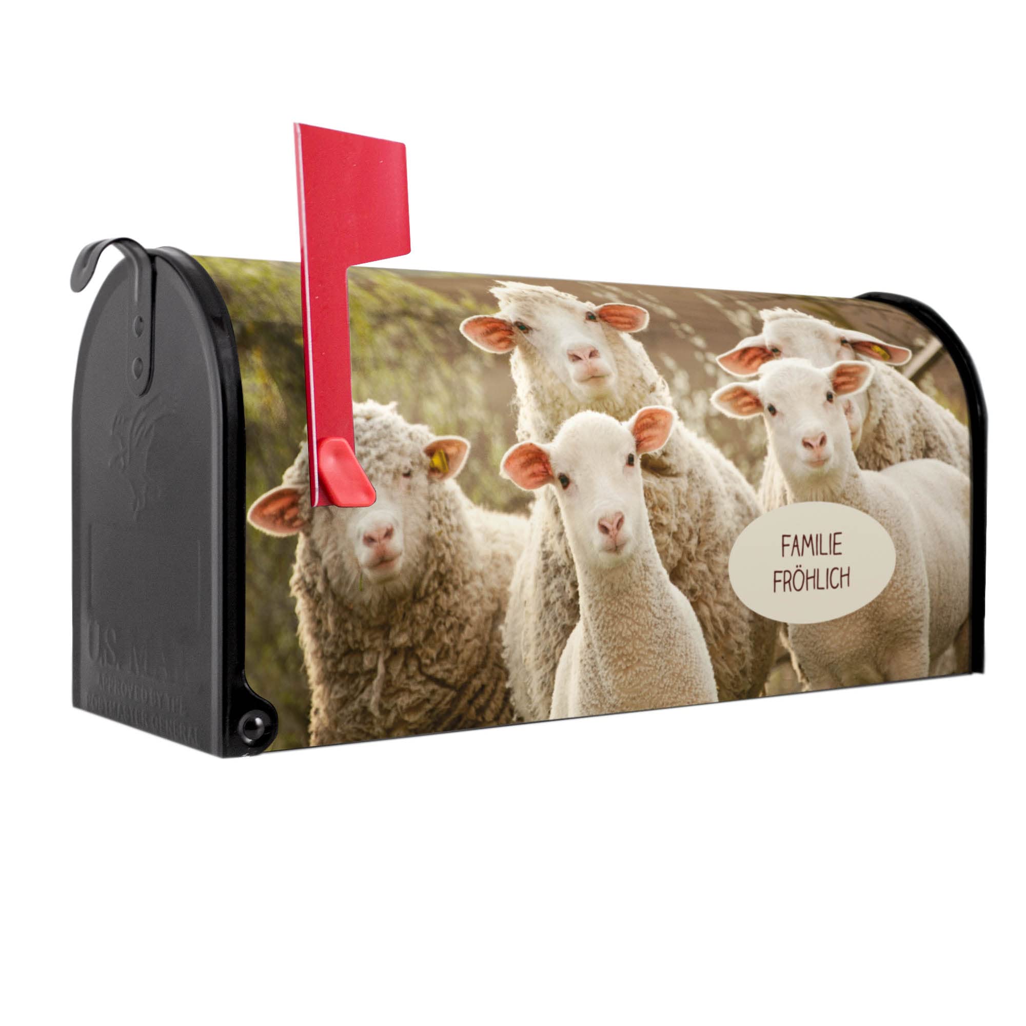 banjado® Amerikanischer Briefkasten - US Mailbox/Letterbox mit Motiv Schaffamilie 51x22x17cm - Postkasten Stahl aus Amerika – Briefkasten amerikanisch schwarz pulverbeschichtet