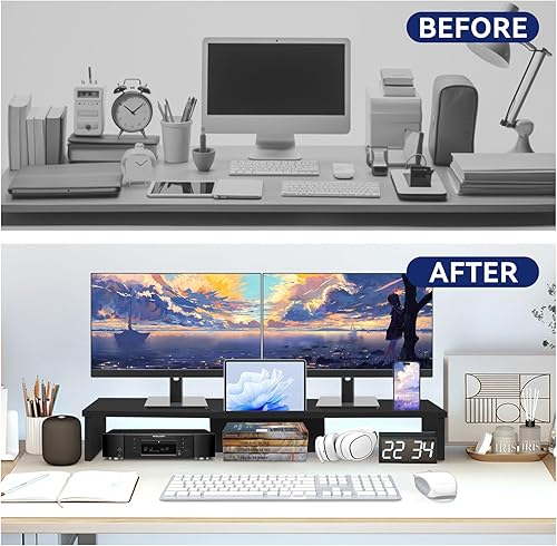 Miniatura 4 de Soporte elevador de monitor doble con soporte para tableta de teléfono, soporte de monitor grande de 35.8 pulgadas para escritorio, soporte de