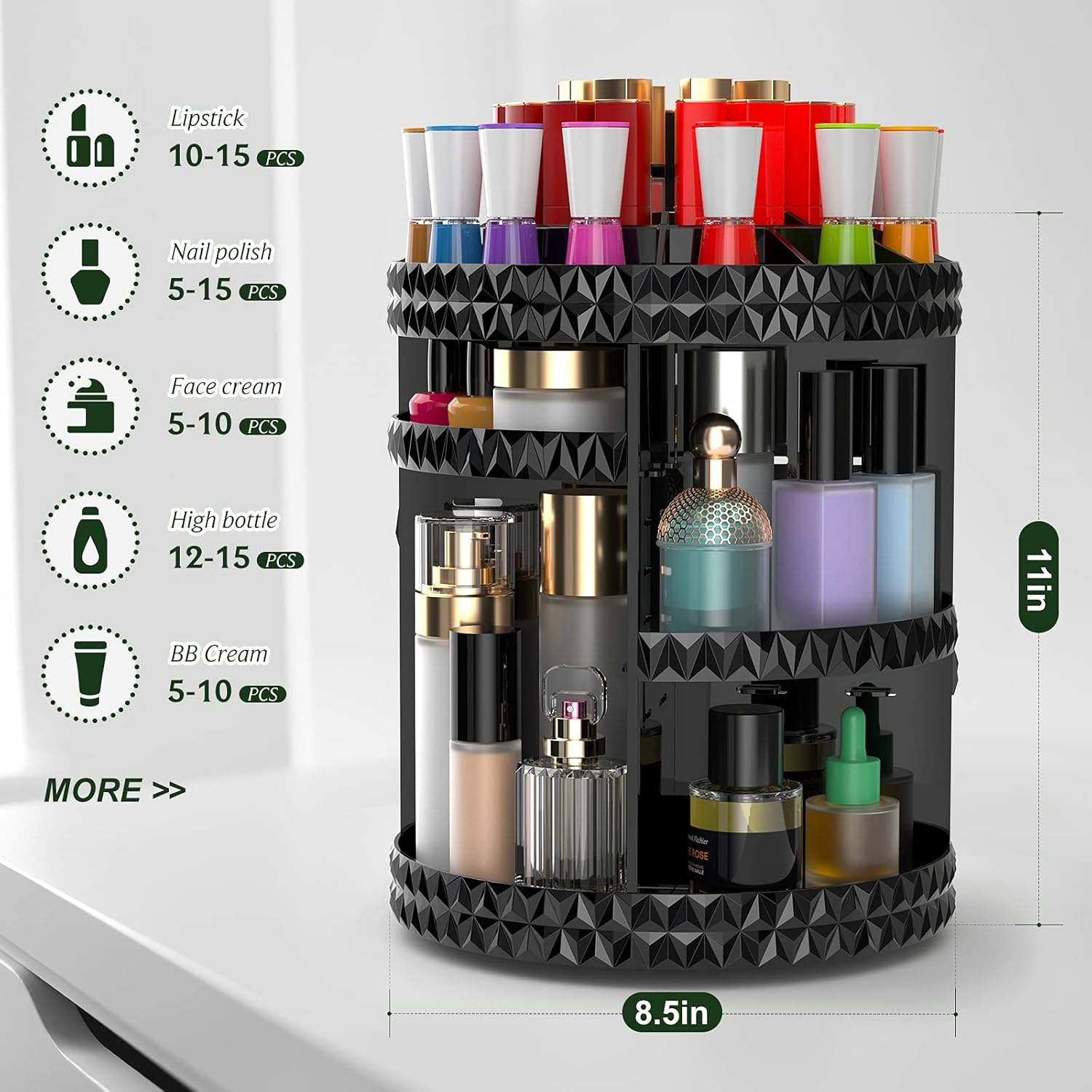 Makeup Organizer, 360 Degree Quiet Rotating DIY Adjustable Perfume Storage Rack Cosmetic Storage Display Case with Large Capacity, Fits Jewelry, Makeup Brushes, Lipsticks and More, Black… : Beauty & Personal Care