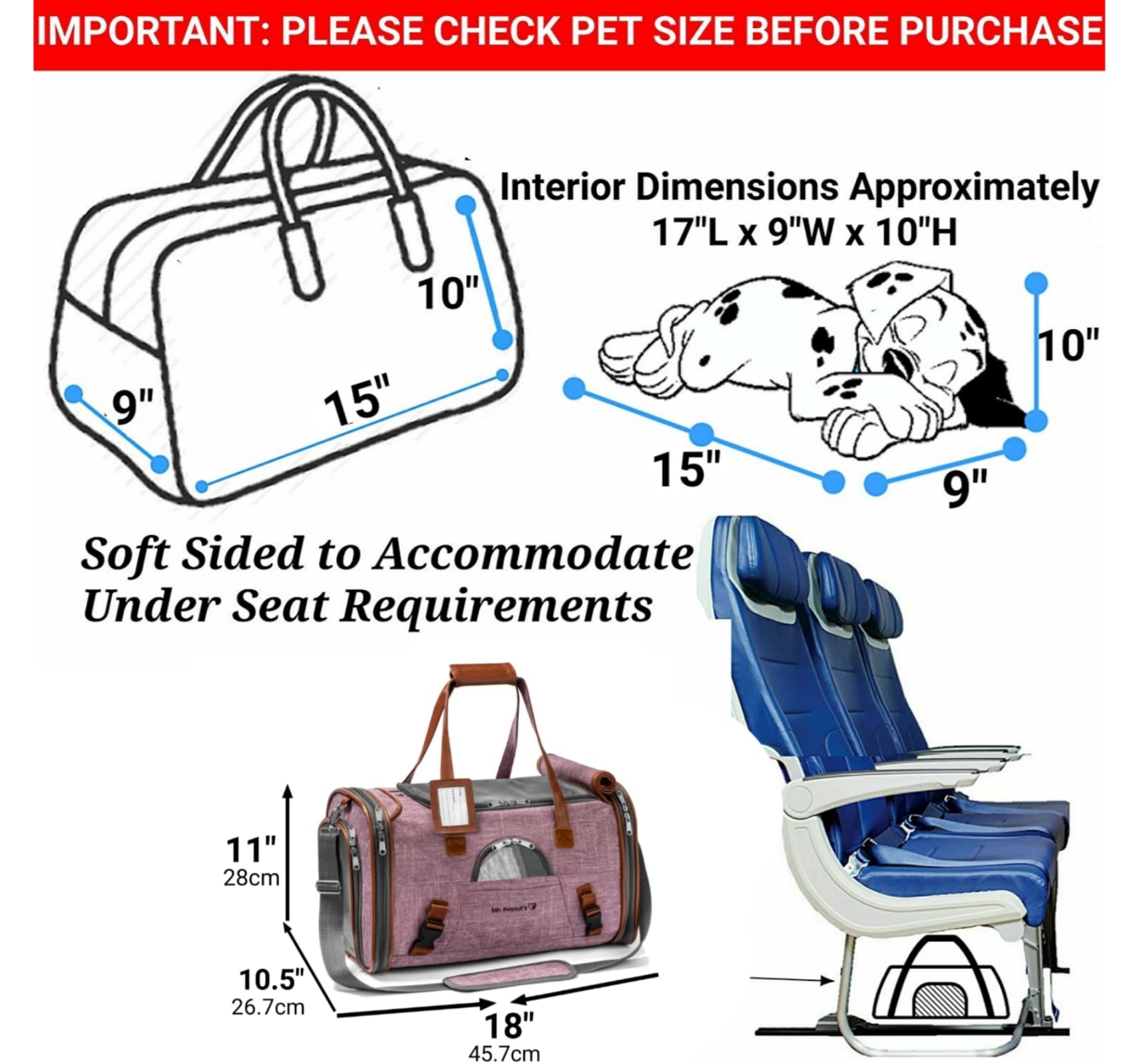 Mr. Peanut's - Transportín para Mascotas Aprobado por aerolíneas, con Forro Suave, Perfil bajo, con Manta de Forro Polar y Cierre de Seguridad, Gatos y Perros pequeños