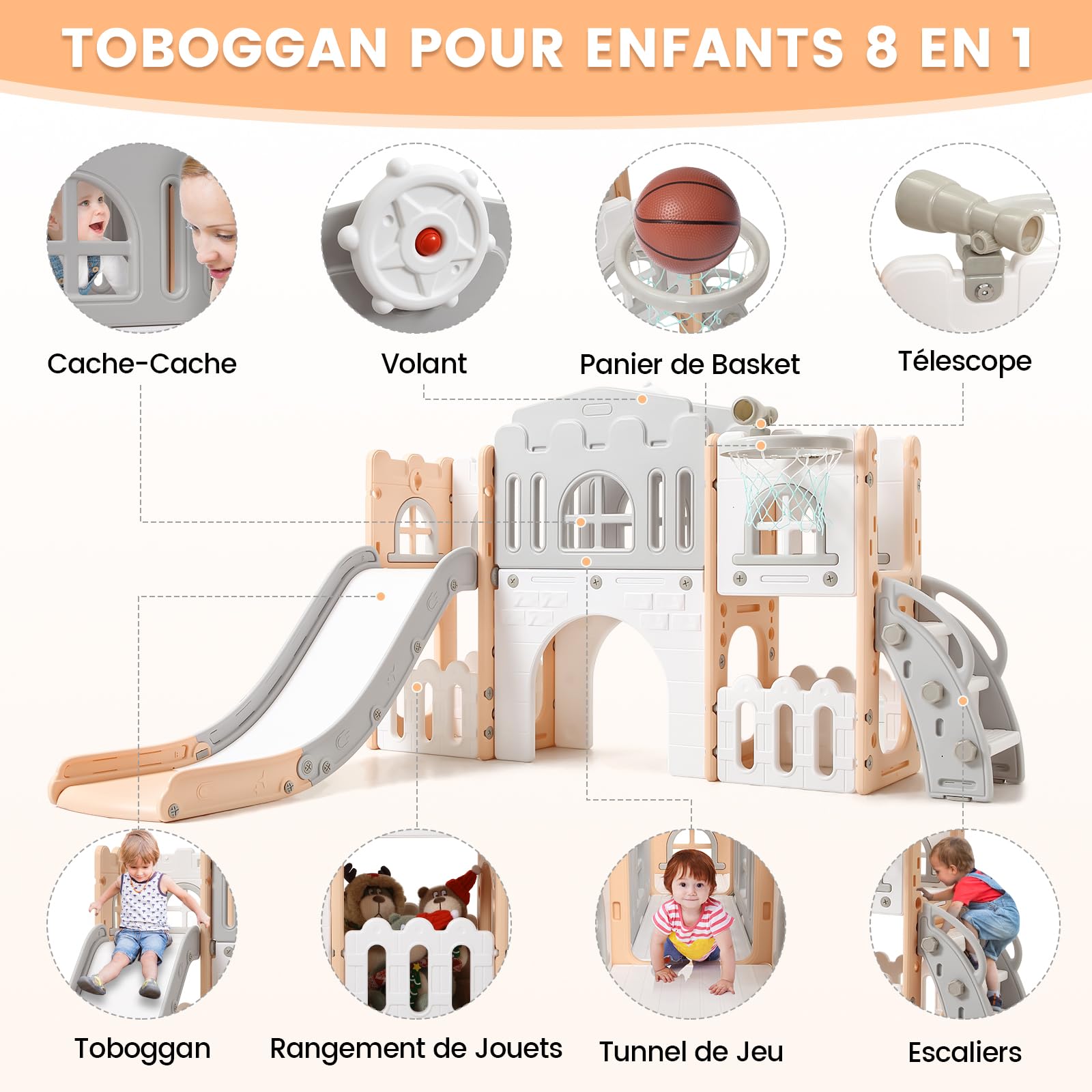 Toboggan 8 en 1 Enfant Extérieur Intérieur Aire De Jeux Évolutif Bébé 1-3 Ans，avec Espace De Cache-Cache, Échelle d'escalade Panier De Basket, Télescope Tunnel De Jeu Ensemble De Jeux Ludique