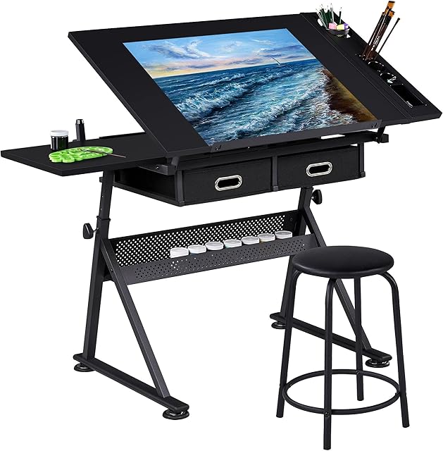 Yaheetech Art Desk/Table with Adjustable Height 65-90.5cm, 2 Drawers & Tiltable Tabletop, Drafting/Drawing Table Art/Craft Desk with Stool Load Capacity 220 lb Home and Office Furniture