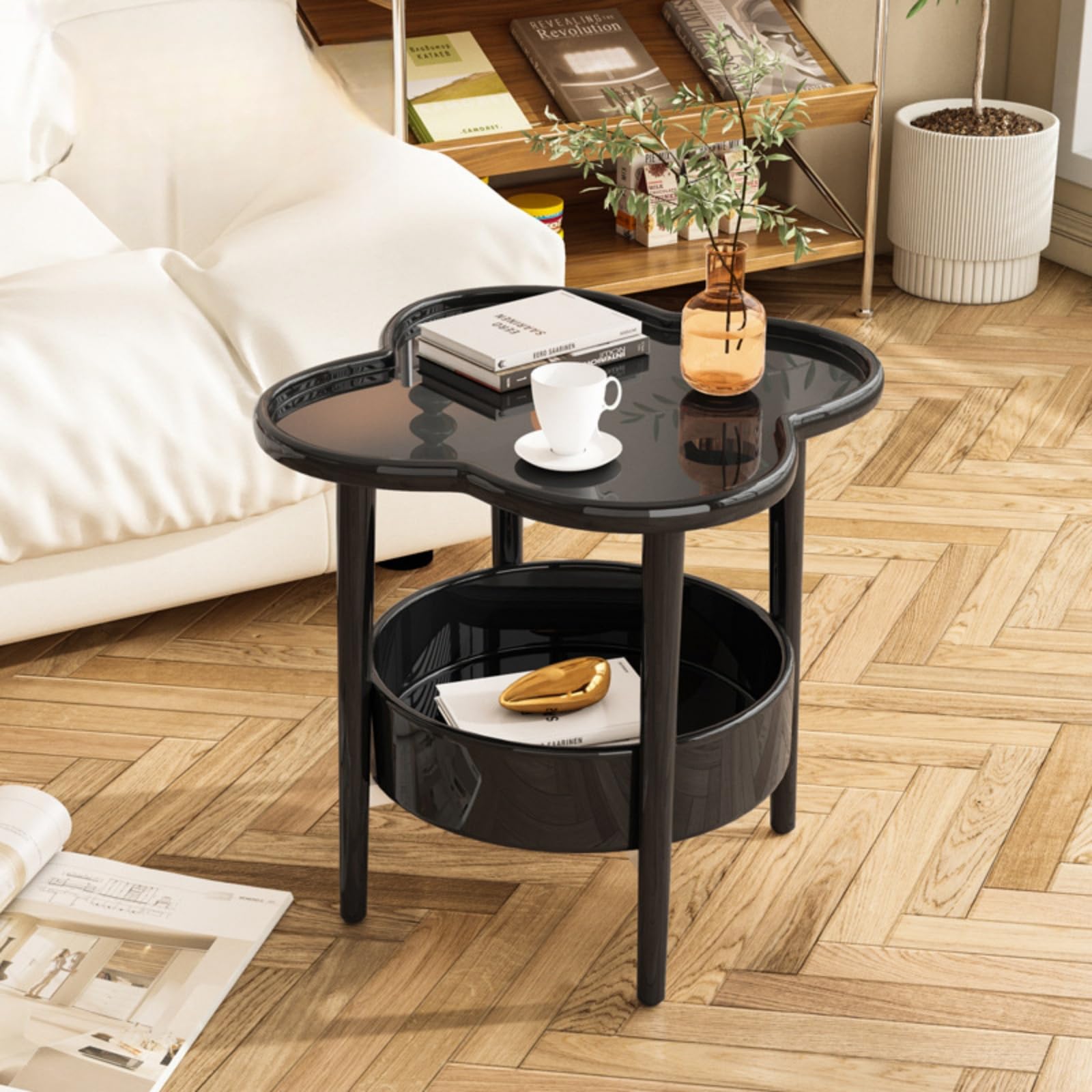 Small Coffee Table Little Desk Small Tea Table, Sofa Corner Table With Side Cabinet, Double-Layer Detachable Tray, Non-Slip Tabletop, Carbon Steel Legs, Nordic Design 47x47x49.5cm (black)