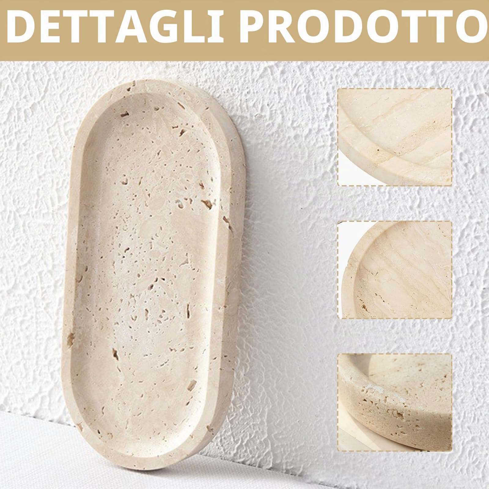 Vassoio, 25 x 12 cm Vassoio Portaoggetti Ovale da Bagno in Travertino Beige Scatola di Immagazzinaggio con Bordo Rialzato per Prodotti Cosmetici Prodotti per la Cura Della Pelle Gioielli Profumi