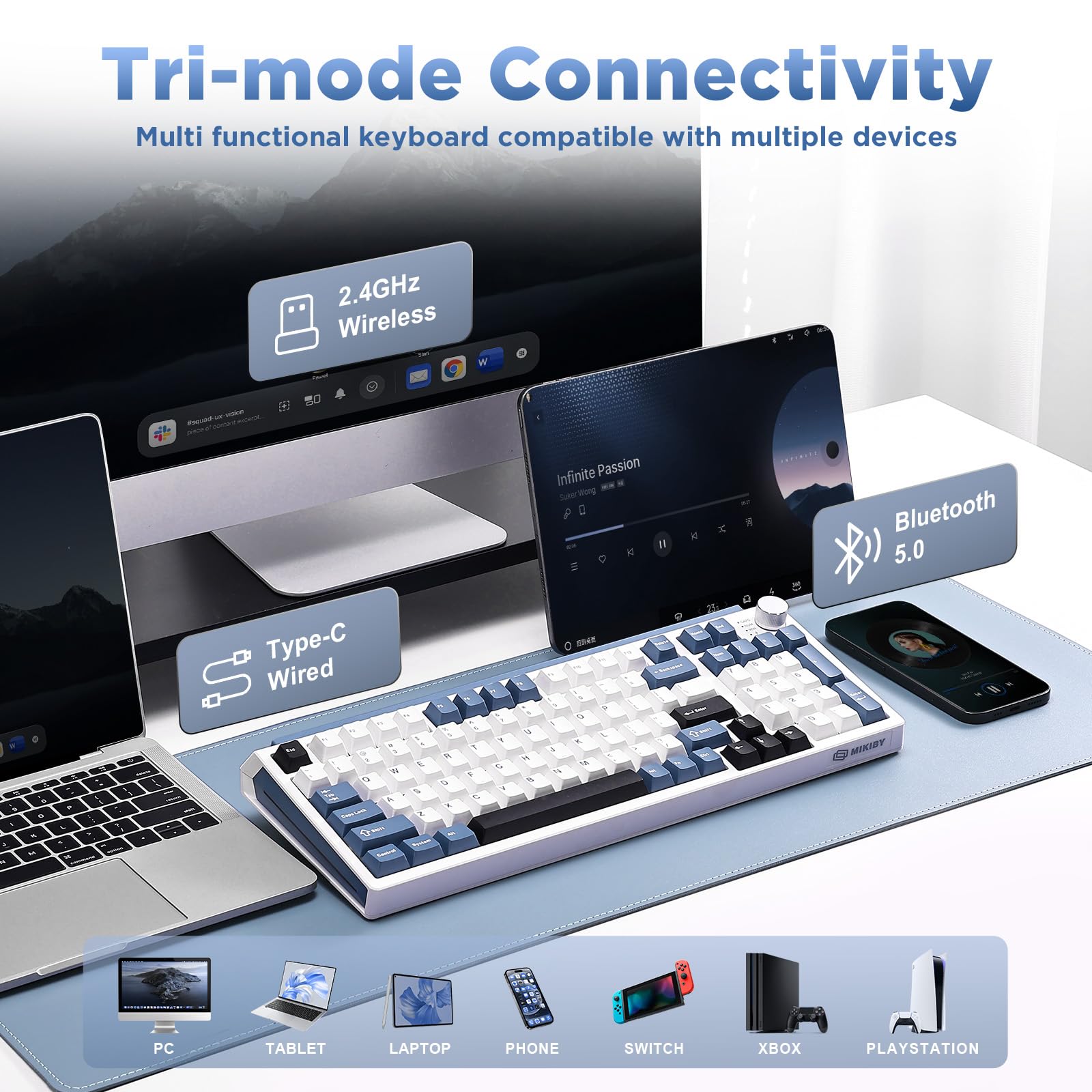 Tastiera meccanica wireless K98, Tri-Mode BT5.0/2.4GHz/USB-C, tastiera personalizzata hot swap, struttura con guarnizione, tastiera da gioco retroilluminata RGB, per Win e Mac (bianco e blu