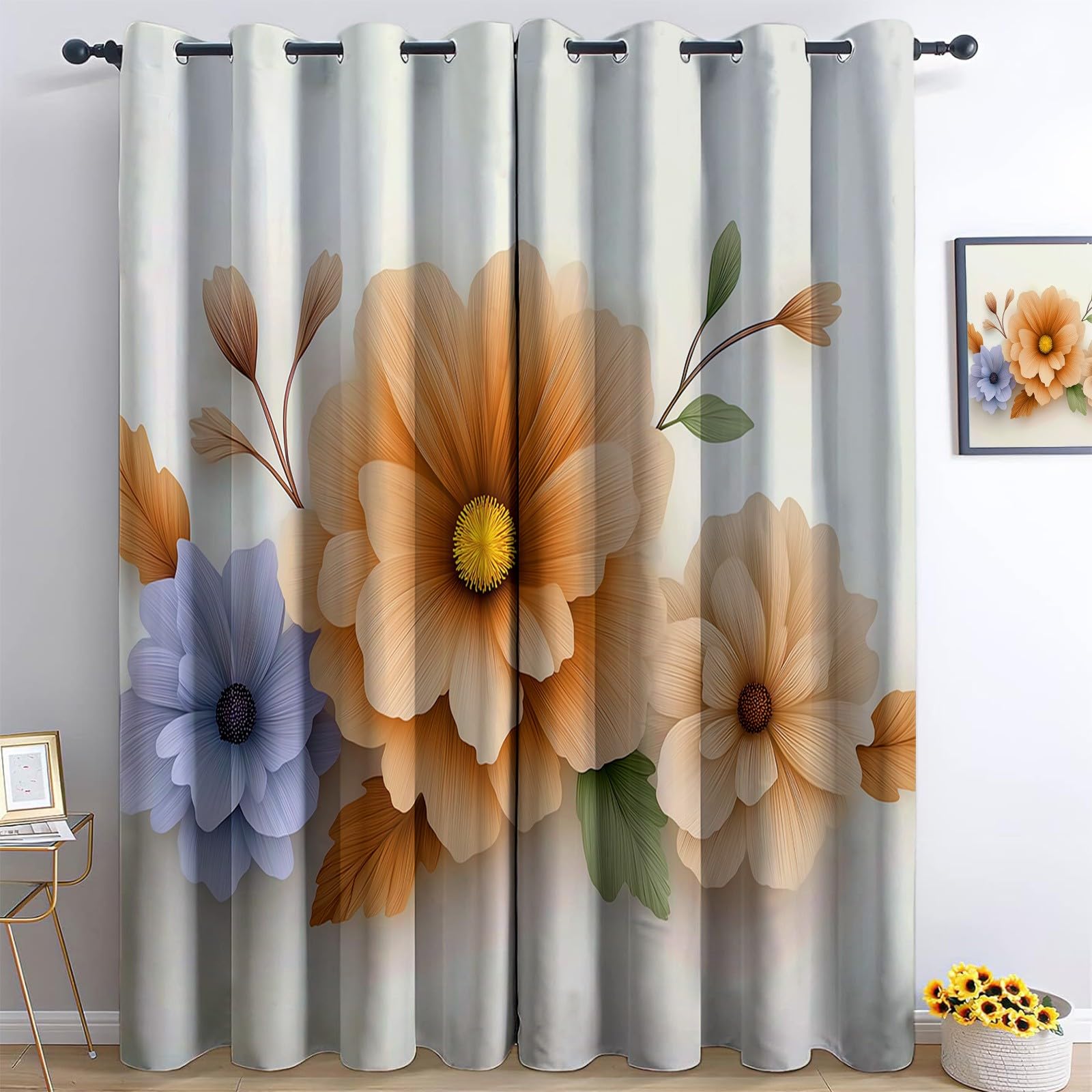 Blackout Curtains Minimalism Flowers Eyelet Thermal Insulated Window Drapes, Beige 36” W x 84” L (2 Panels) Curtains for Bedroom Living Room Playroom