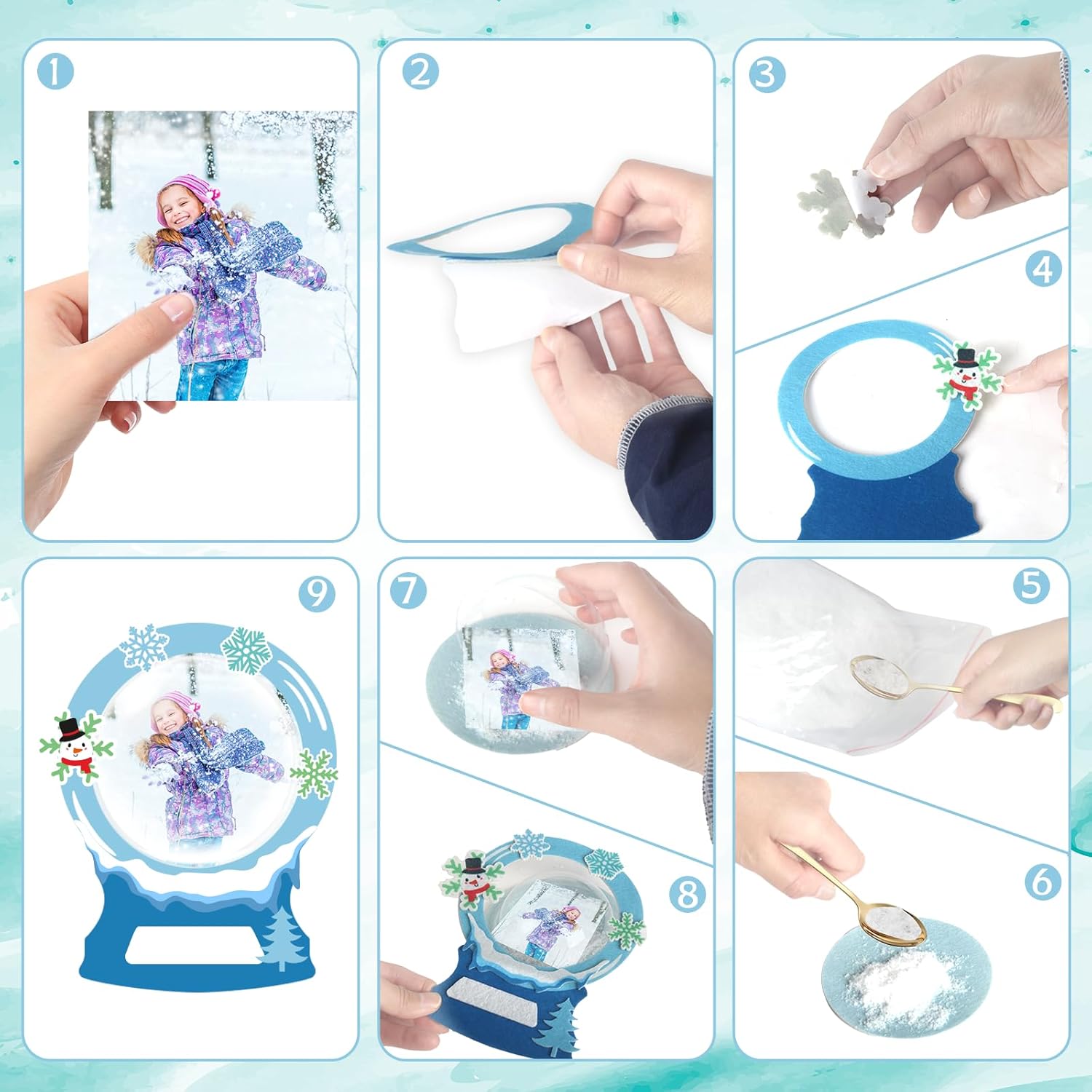 30 Sets Winter Snow Globe Picture Frame Craft Kit Felt DIY Christmas Photo Frame Christmas Frame Craft Photo Ornament Bulk with Snowflakes and Artificial Snow for Xmas Winter Party Decor Gift