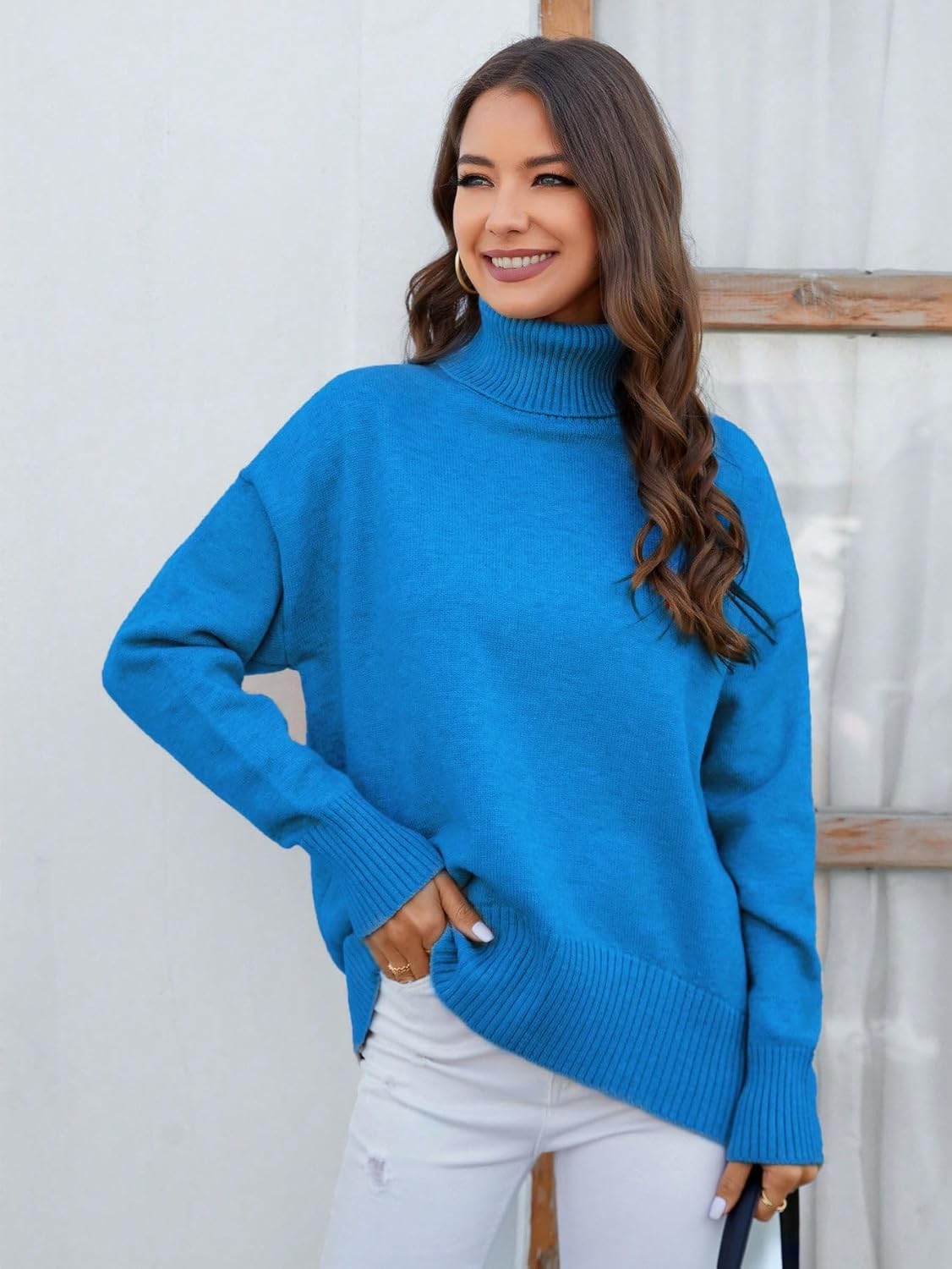Women's Sweater Women's Turtleneck Drop Shoulder Sweater Casual Long Pullovers Sweater for Women (Color : Blue, Size : Medium)
