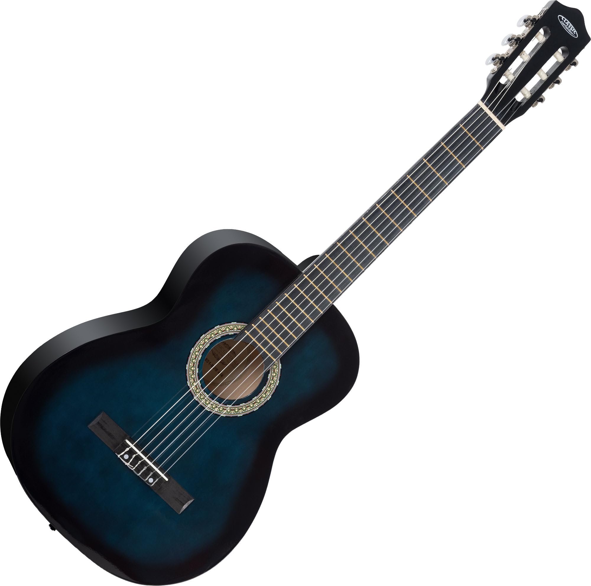 Classic Cantabile Klassikgitarre 4/4 - Konzertgitarre mit Lindenkorpus, Hals aus Okoume & Nylon-Saiten - glänzendes Finish in Blueburst - optimal für Einsteiger und fortgeschrittene Gitarristen