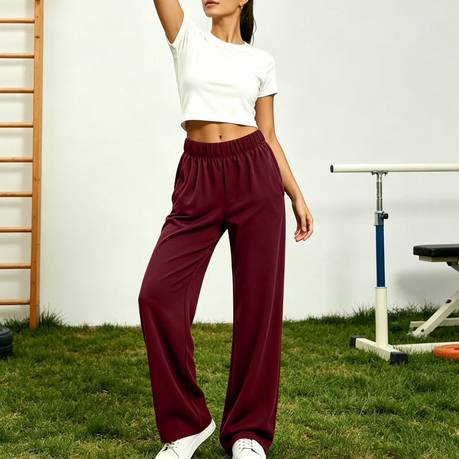 Womens Palazzo Pants Elastic High Waist Casual Wide Leg Loose Fit Soft Trousers with Pockets Comfy Solid Color Pant