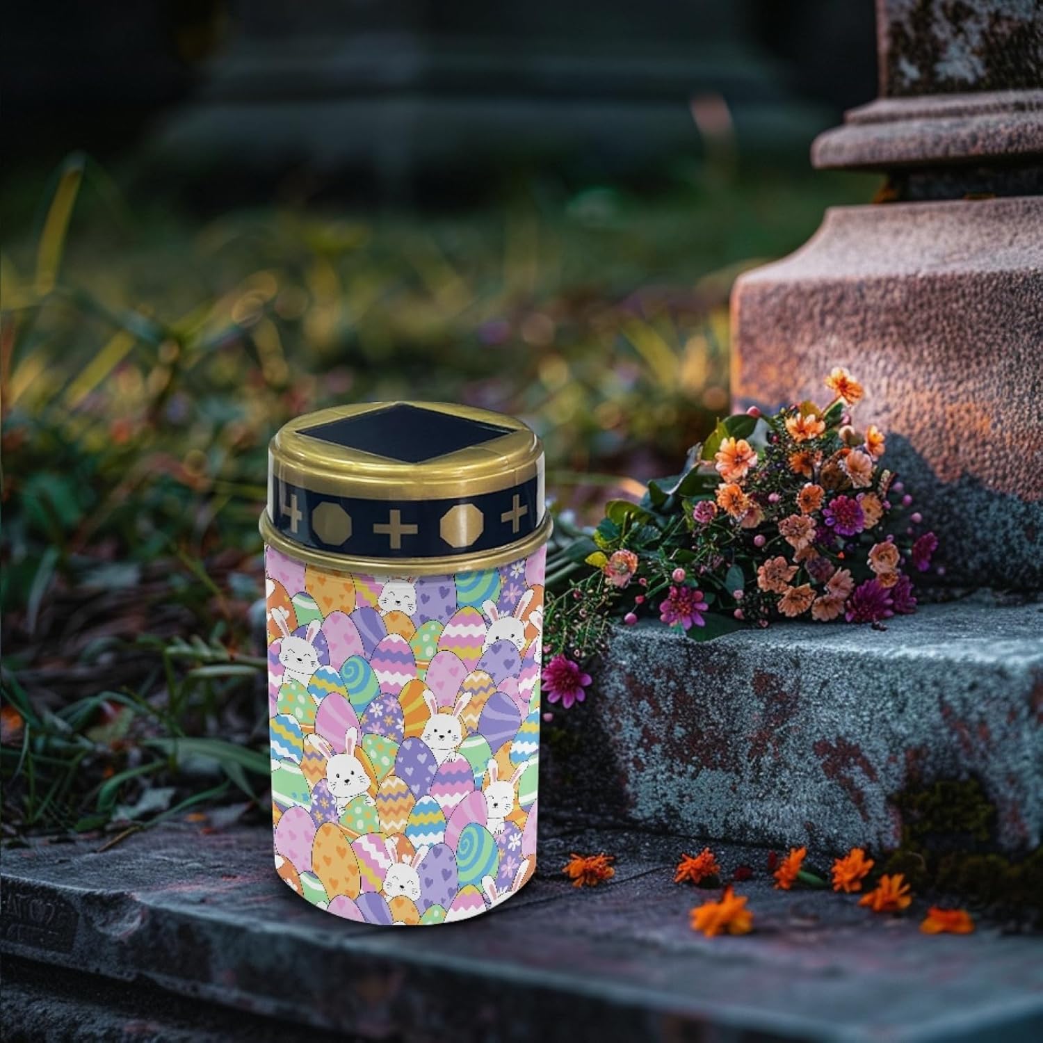 Cemtery Lights Outdoor Grave Decoration Lantern Easter Egg and Rabbit Solar Garden Stake Lights Flameless Warm White Lights for Grave Cemetery Solar Lights Outdoor Waterproof Stoplights